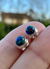 Round Cut Black Opal Sterling Silver Stud Earrings
