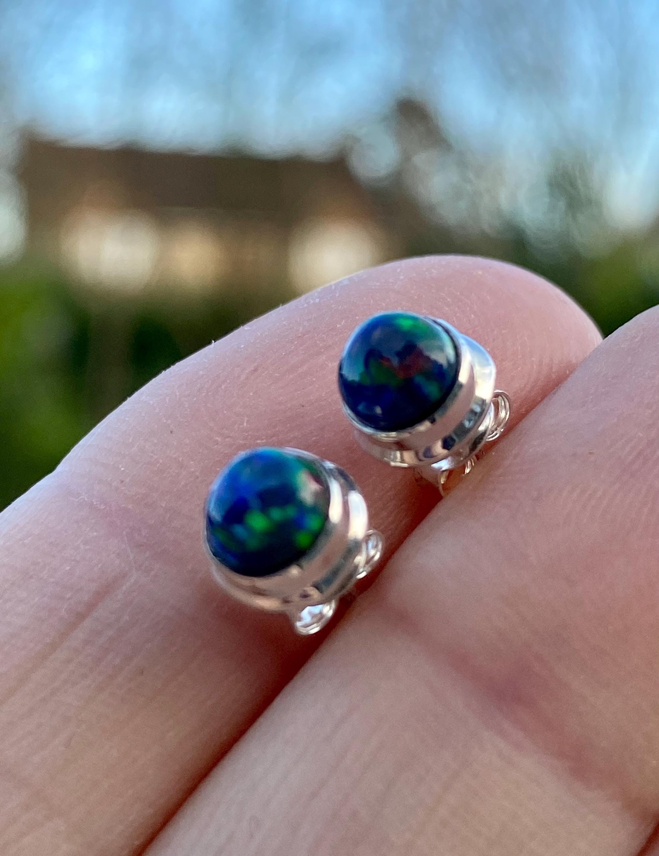 Natural Black Opal and Silver Earrings