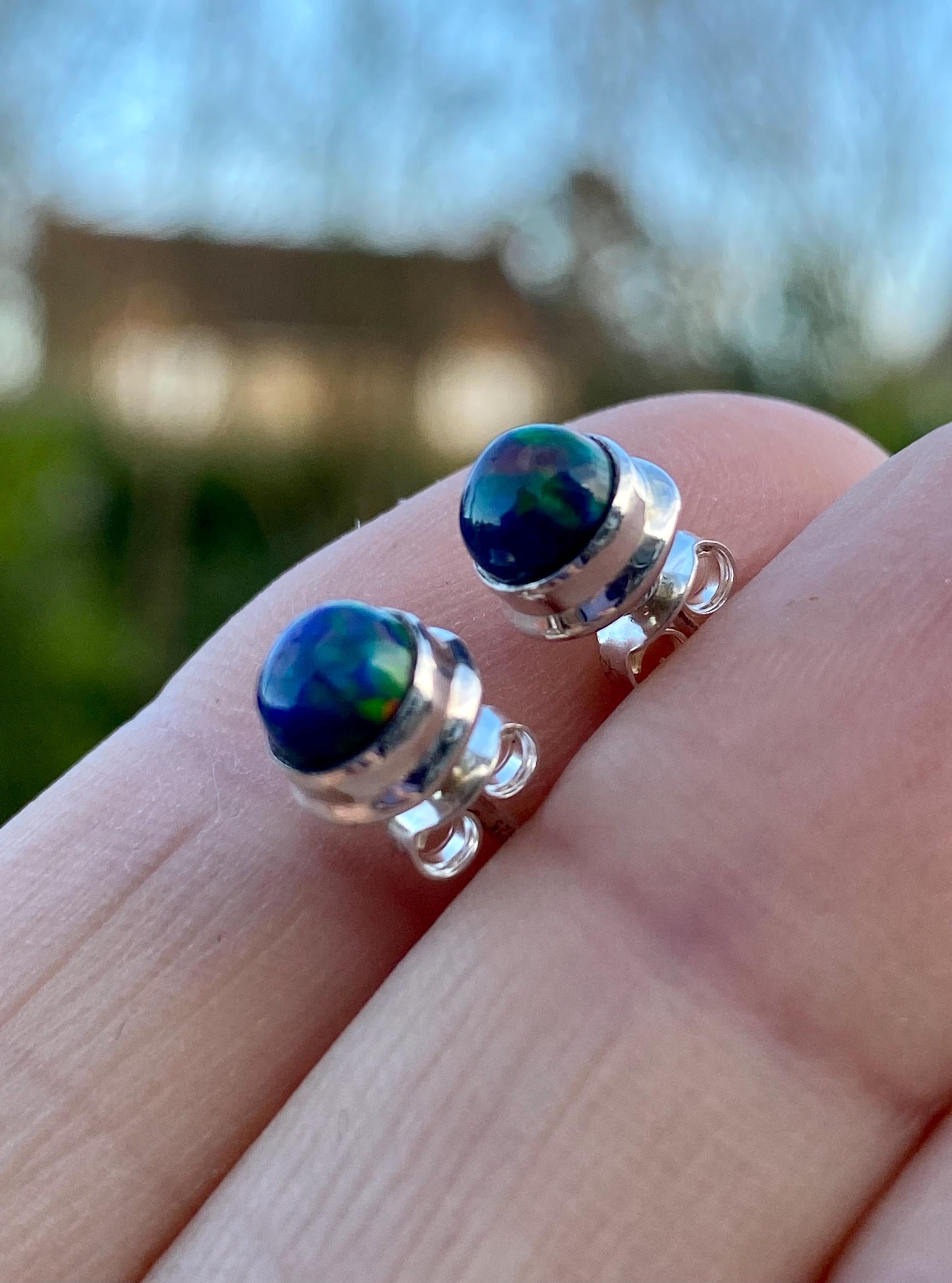 Round Cut Black Opal Sterling Silver Stud Earrings