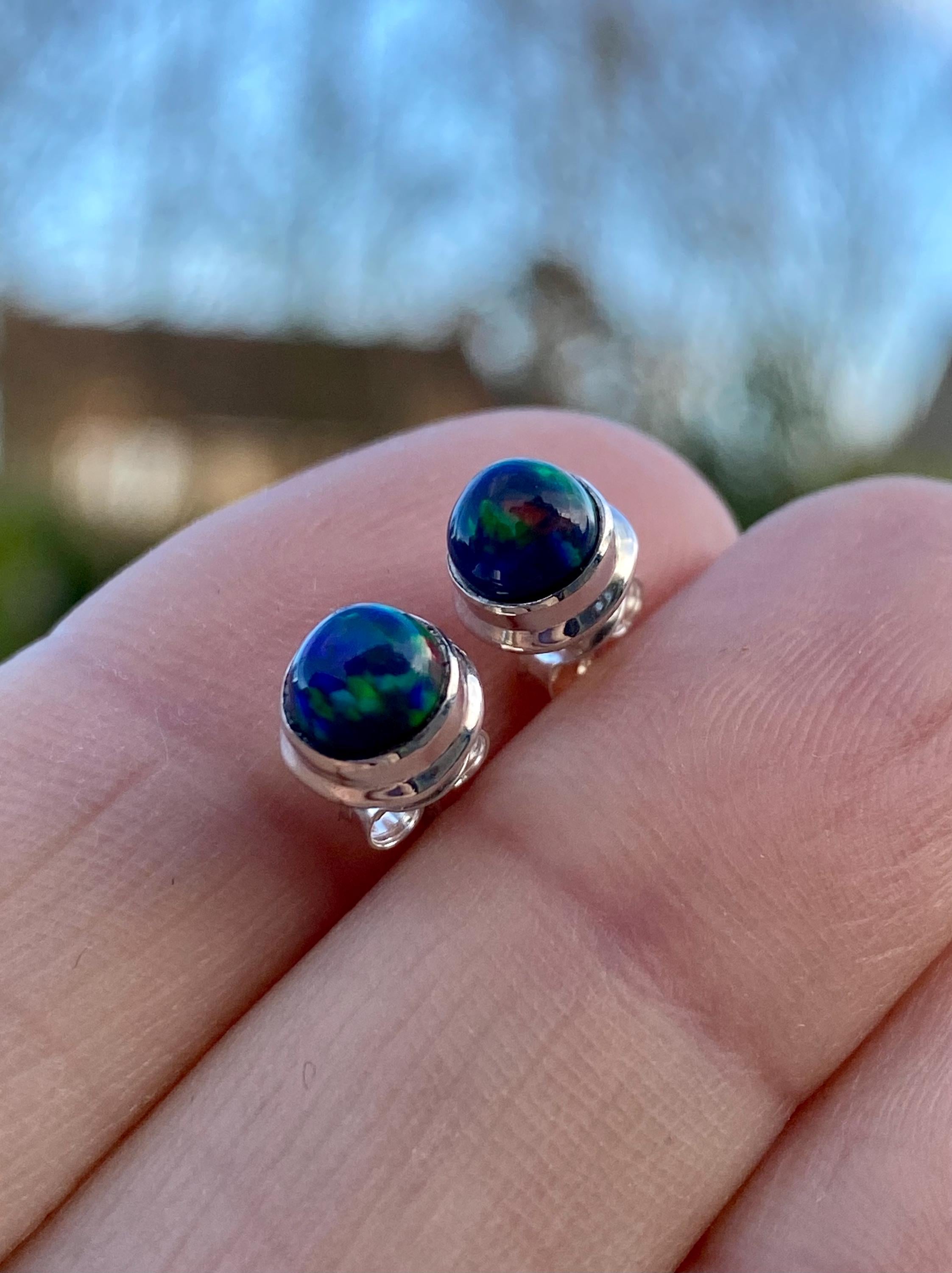 Round Cut Black Opal Sterling Silver Stud Earrings