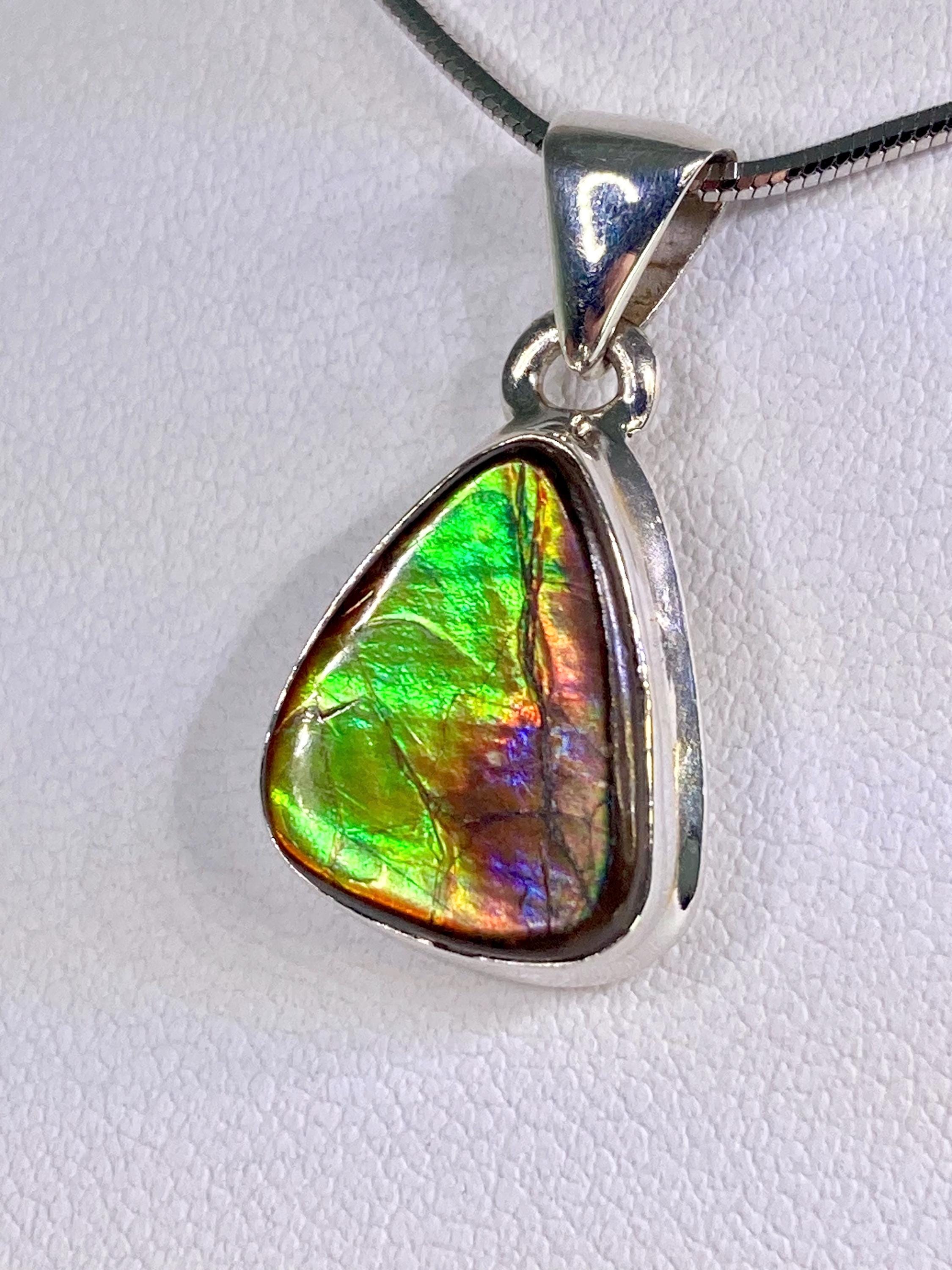 Ammolite Pendant: Iridescent Gemstone, Sterling Silver, Alberta Canada