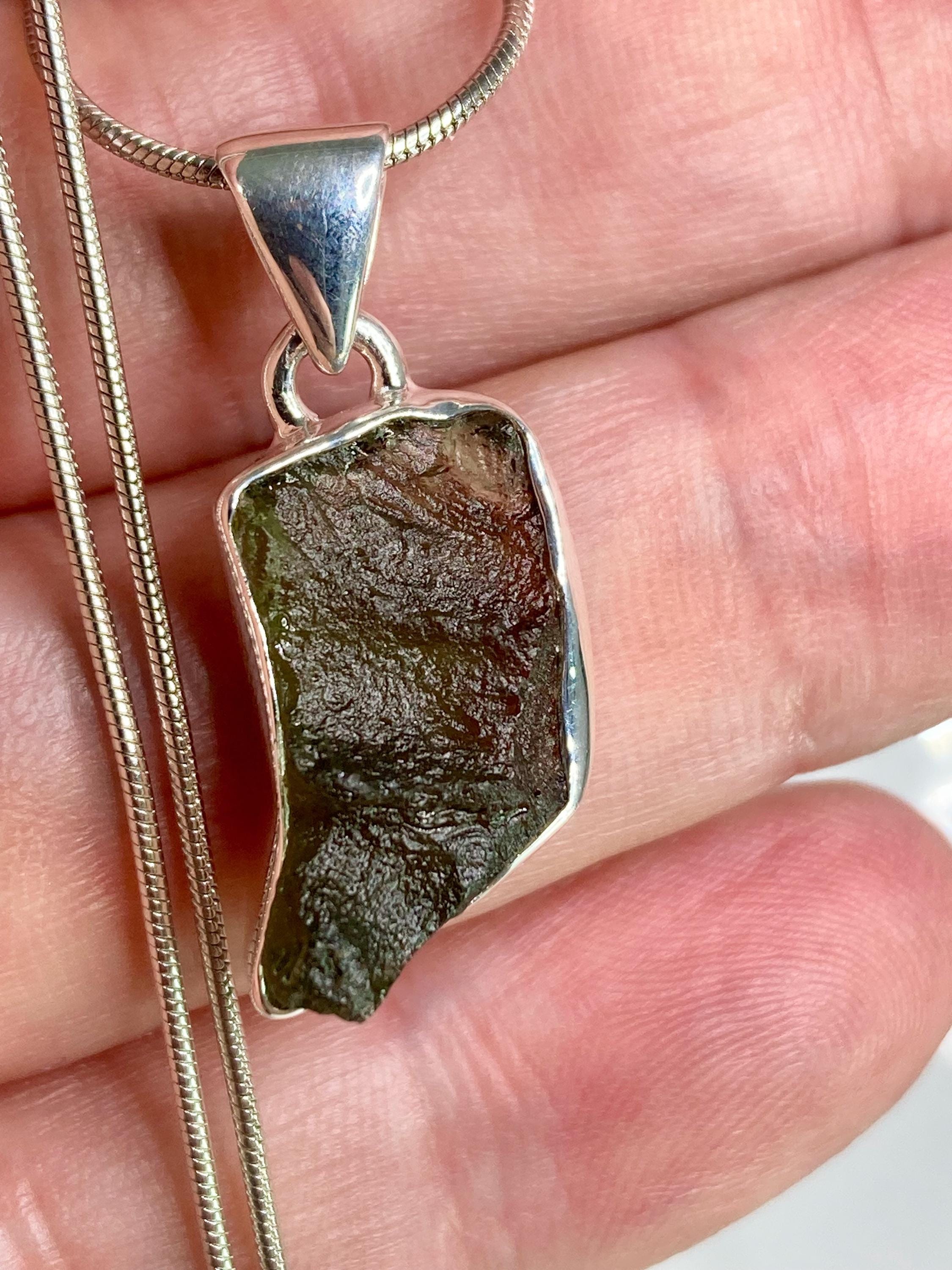 Natural MOLDAVITE Pendant, Uncut, Sterling Silver Bezel Setting, Handmade UK