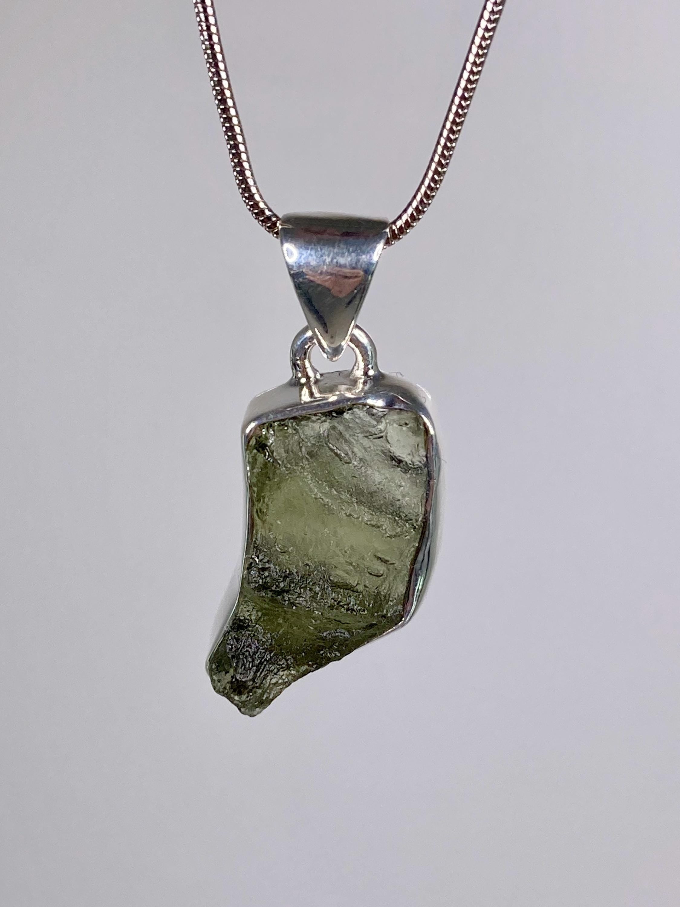 Natural MOLDAVITE and Sterling Silver Pendant