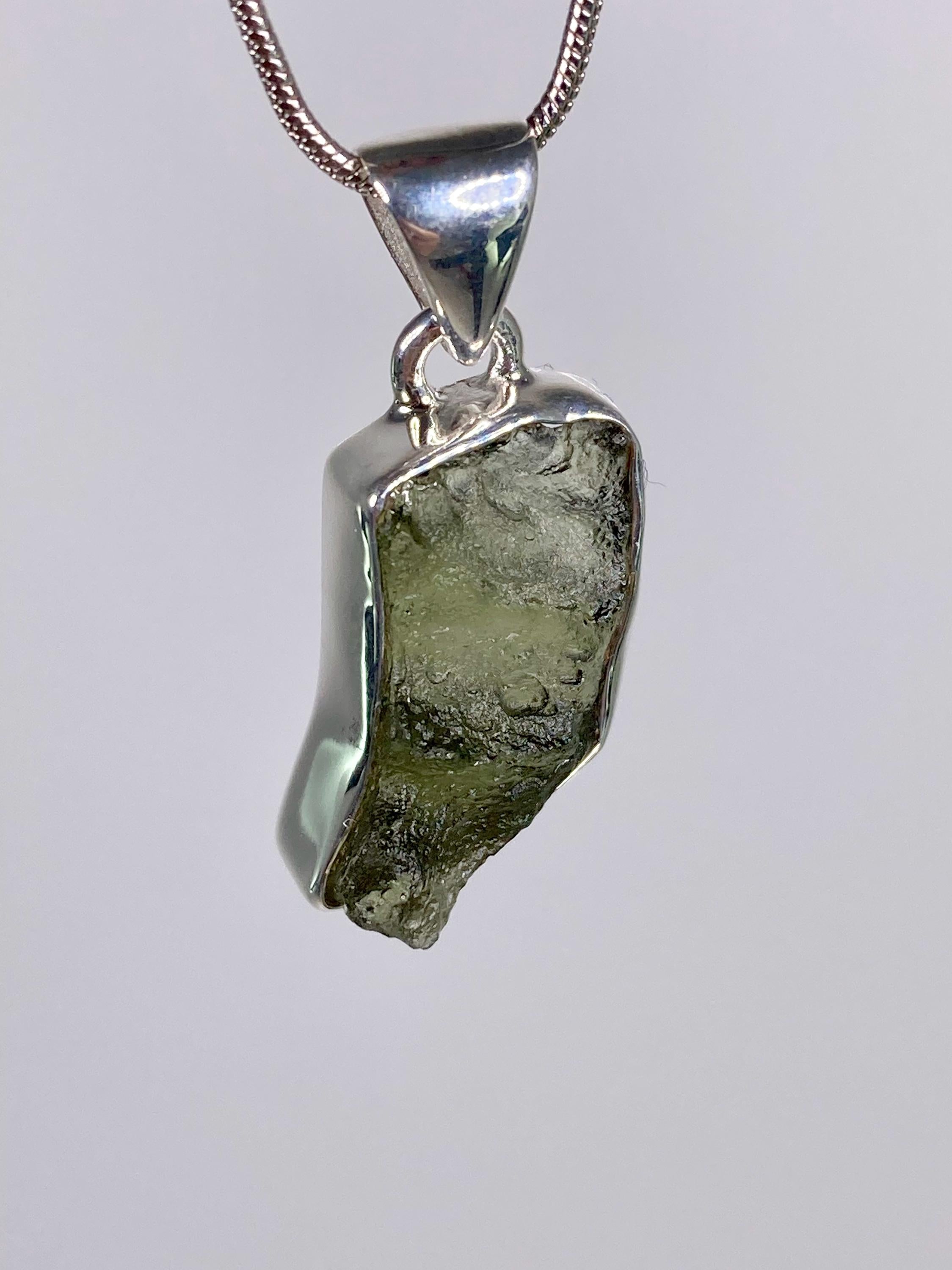 Natural MOLDAVITE and Sterling Silver Pendant