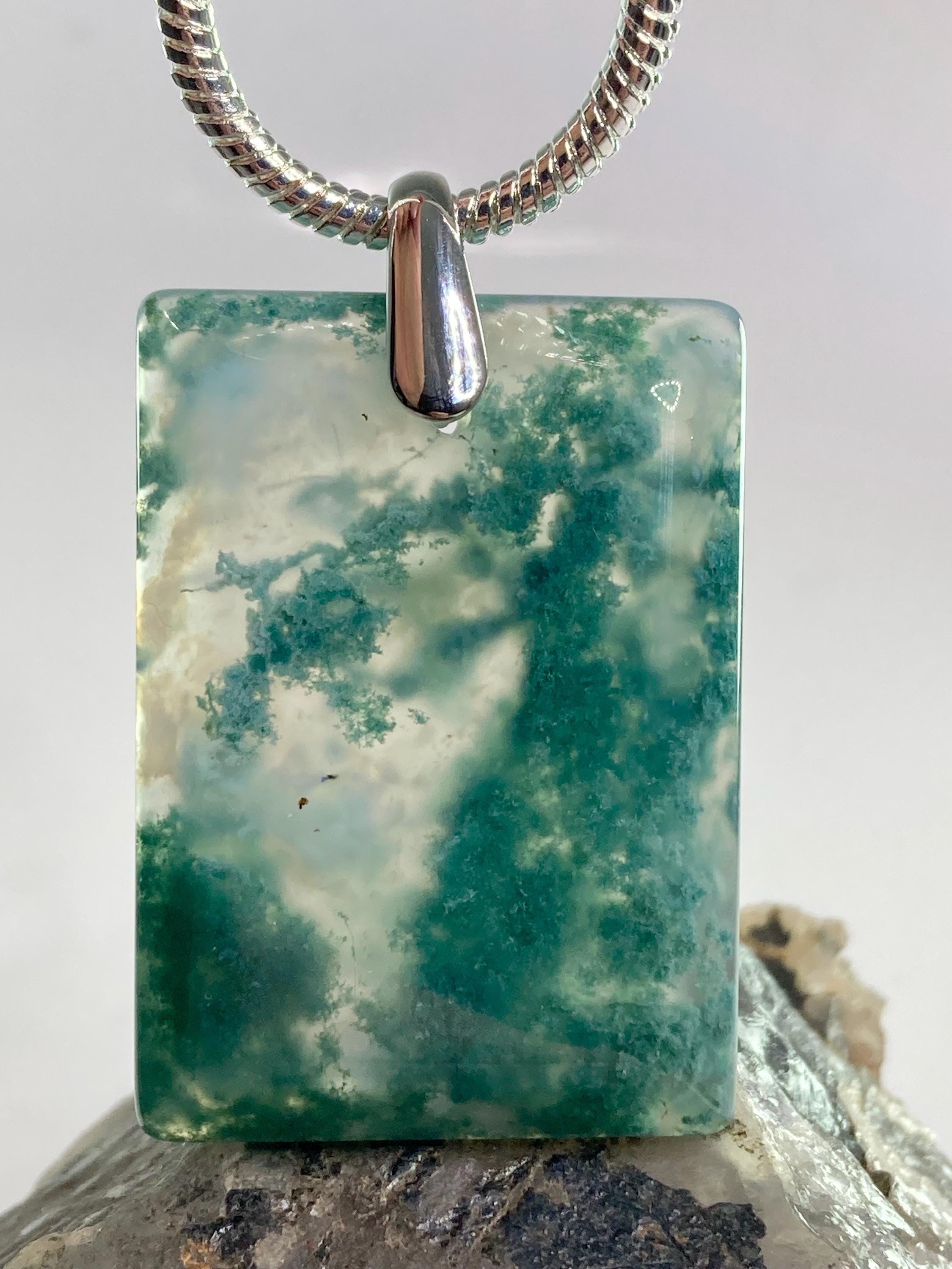 Moss Agate Silver Rectangular Pendant