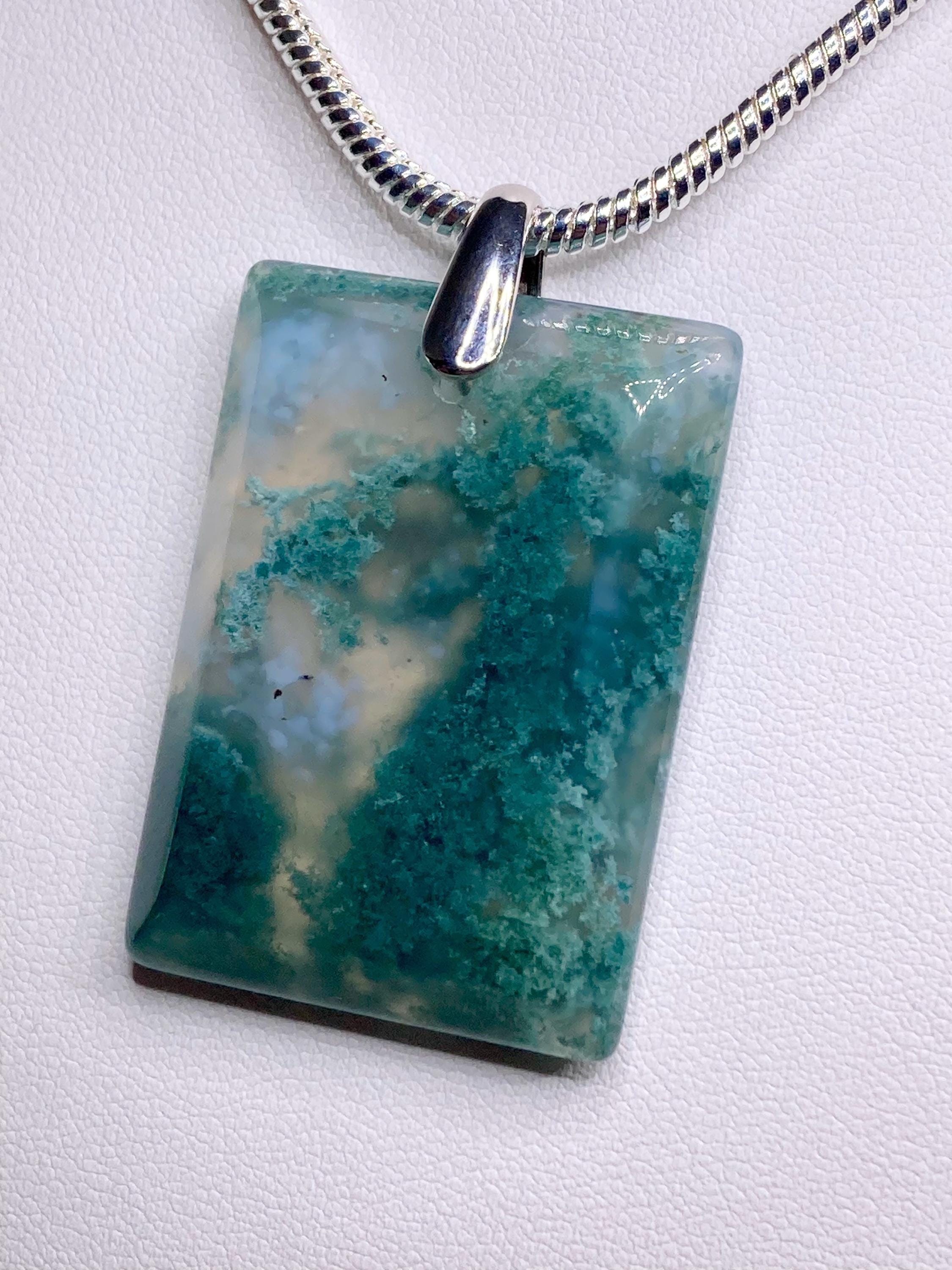 Moss Agate Silver Rectangular Pendant