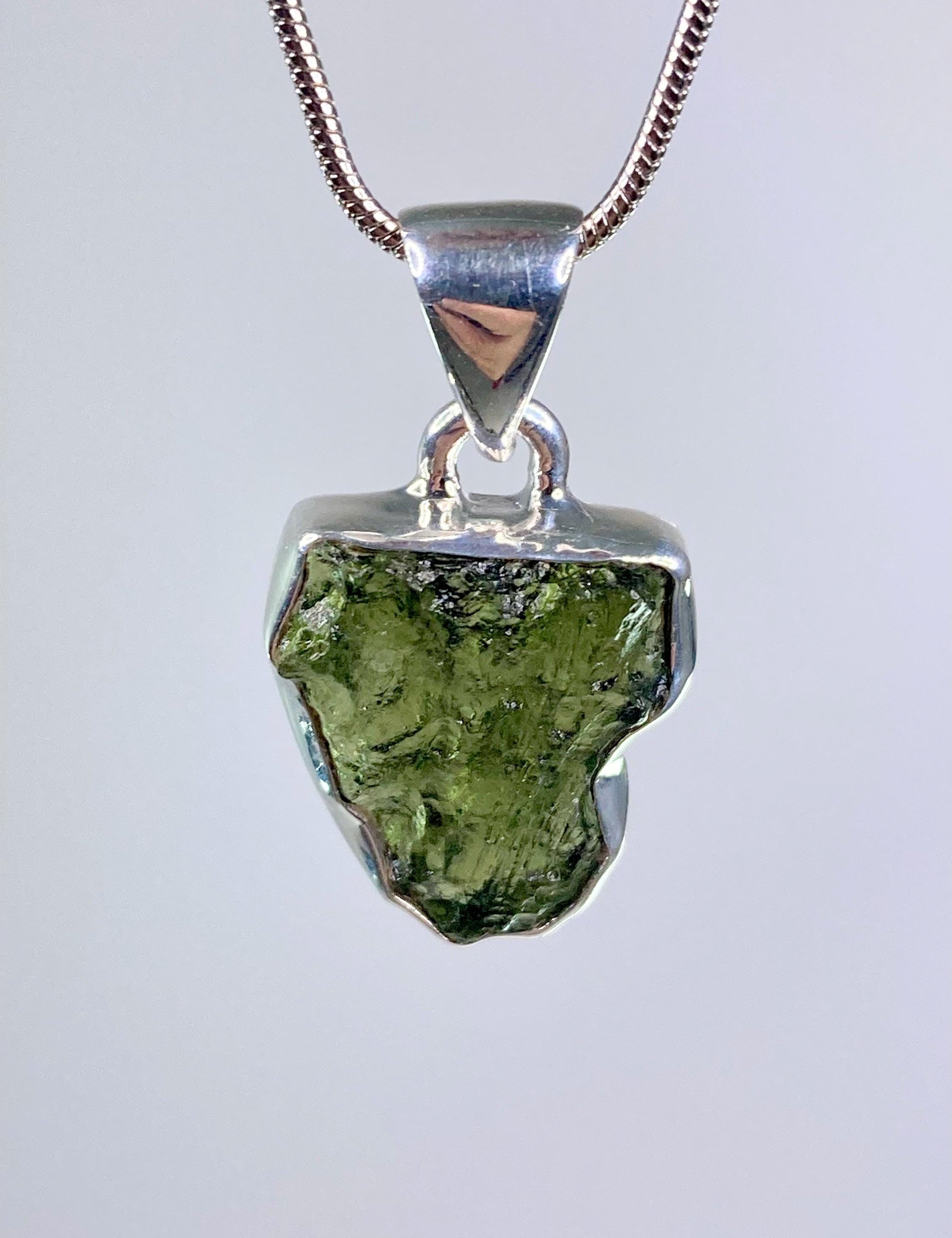 Natural MOLDAVITE and Sterling Silver Pendant