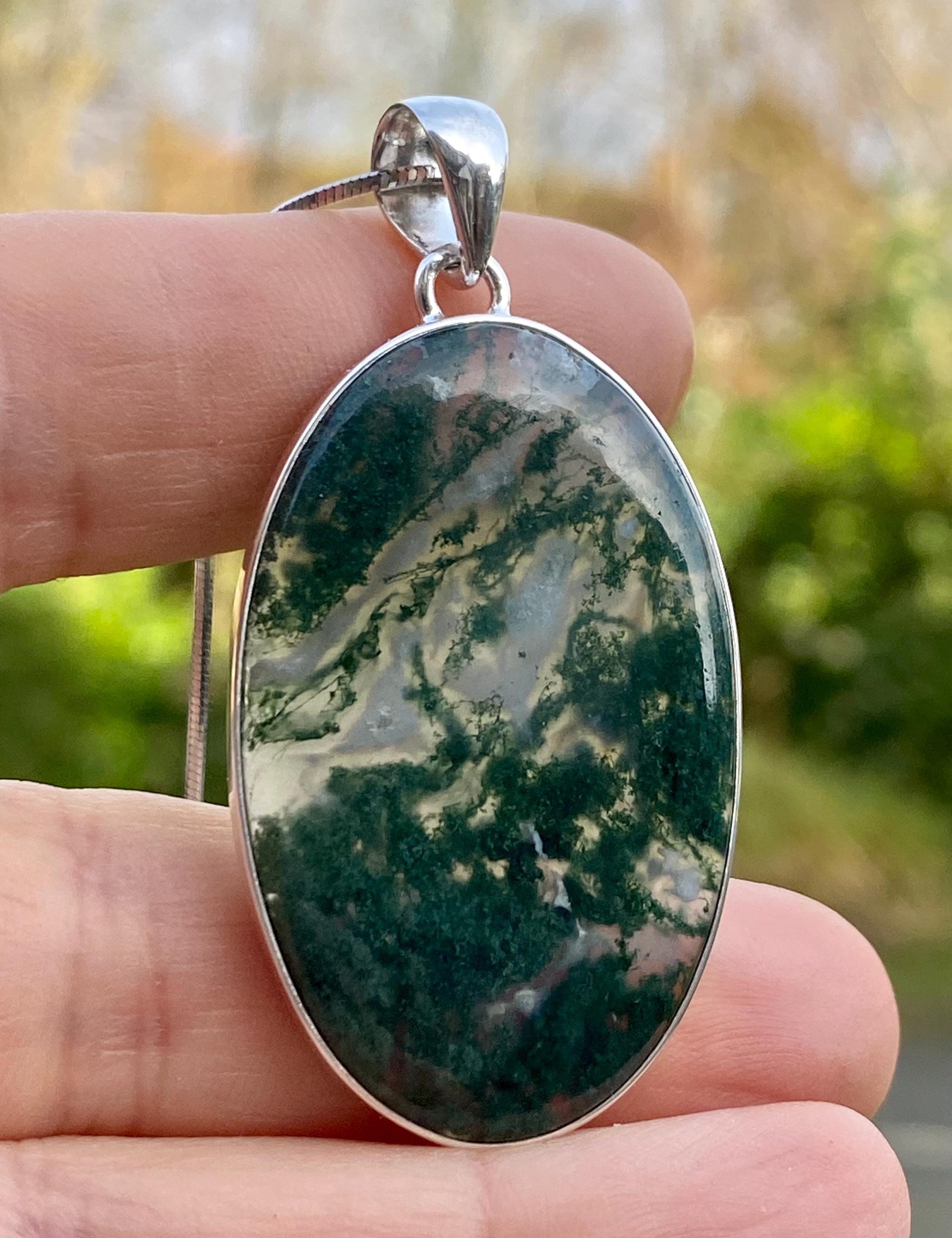 Moss Agate Silver Oval Pendant