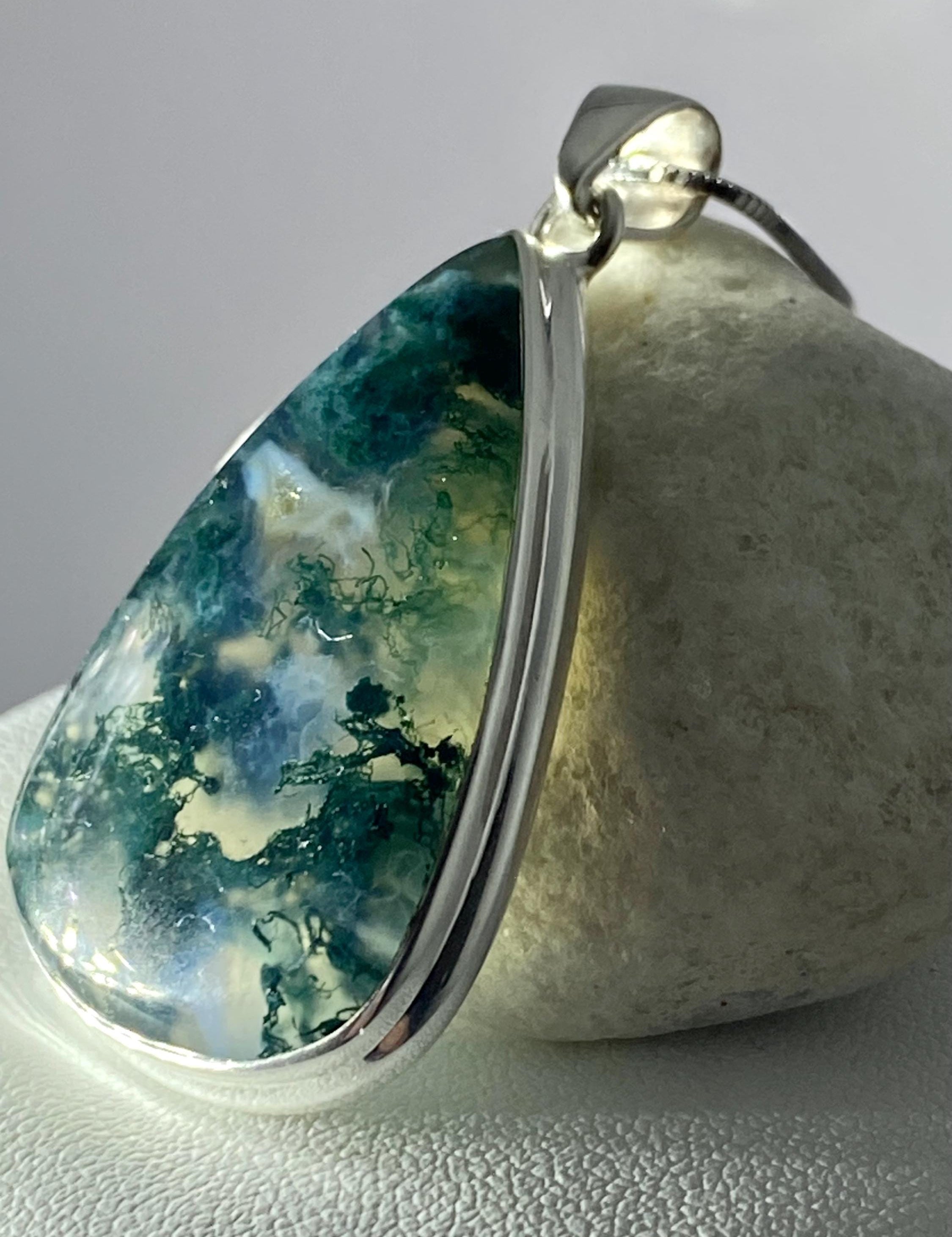 Moss Agate Silver Teardrop Pendant