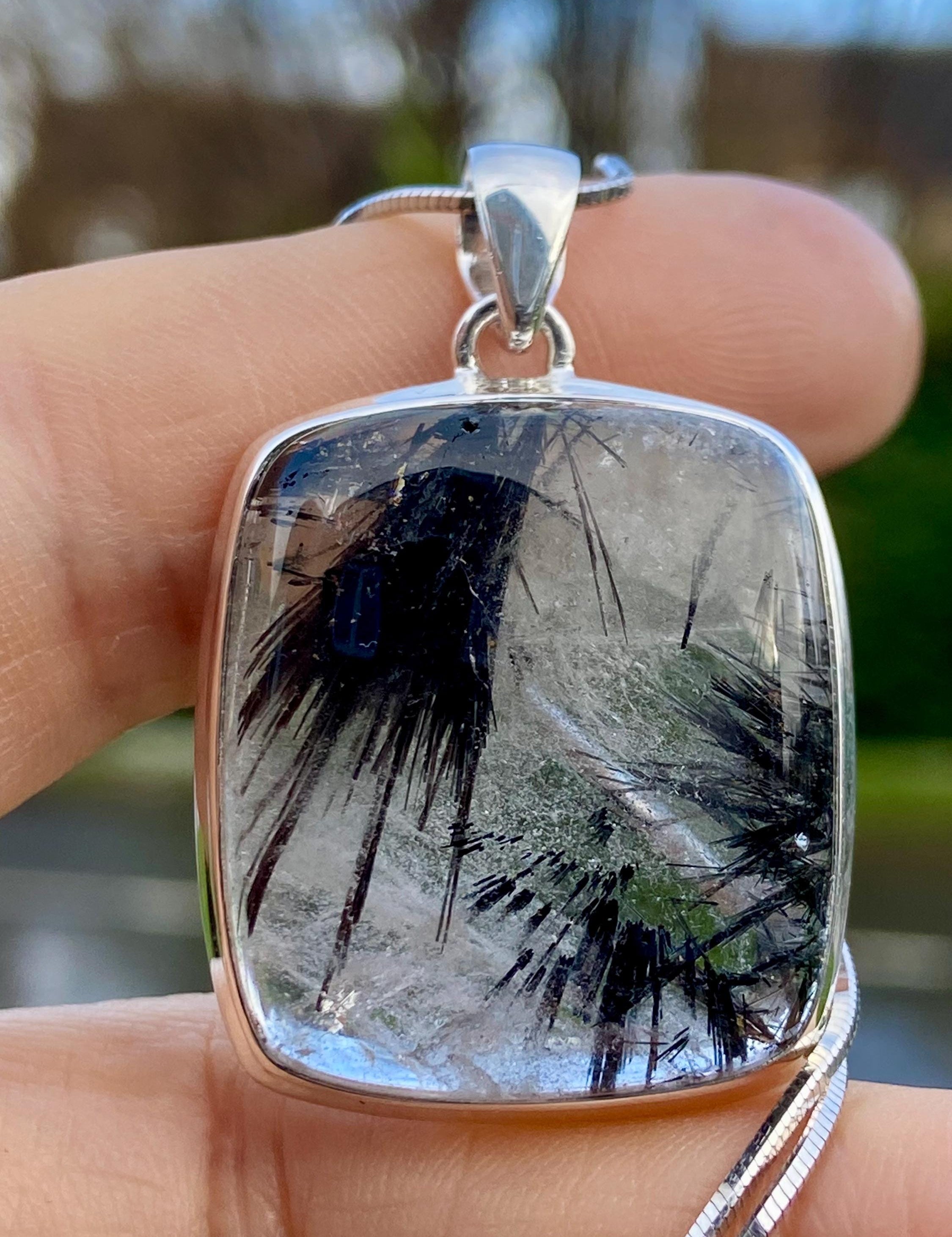 Black Tourmaline Rutilated Quartz and Silver Pendant