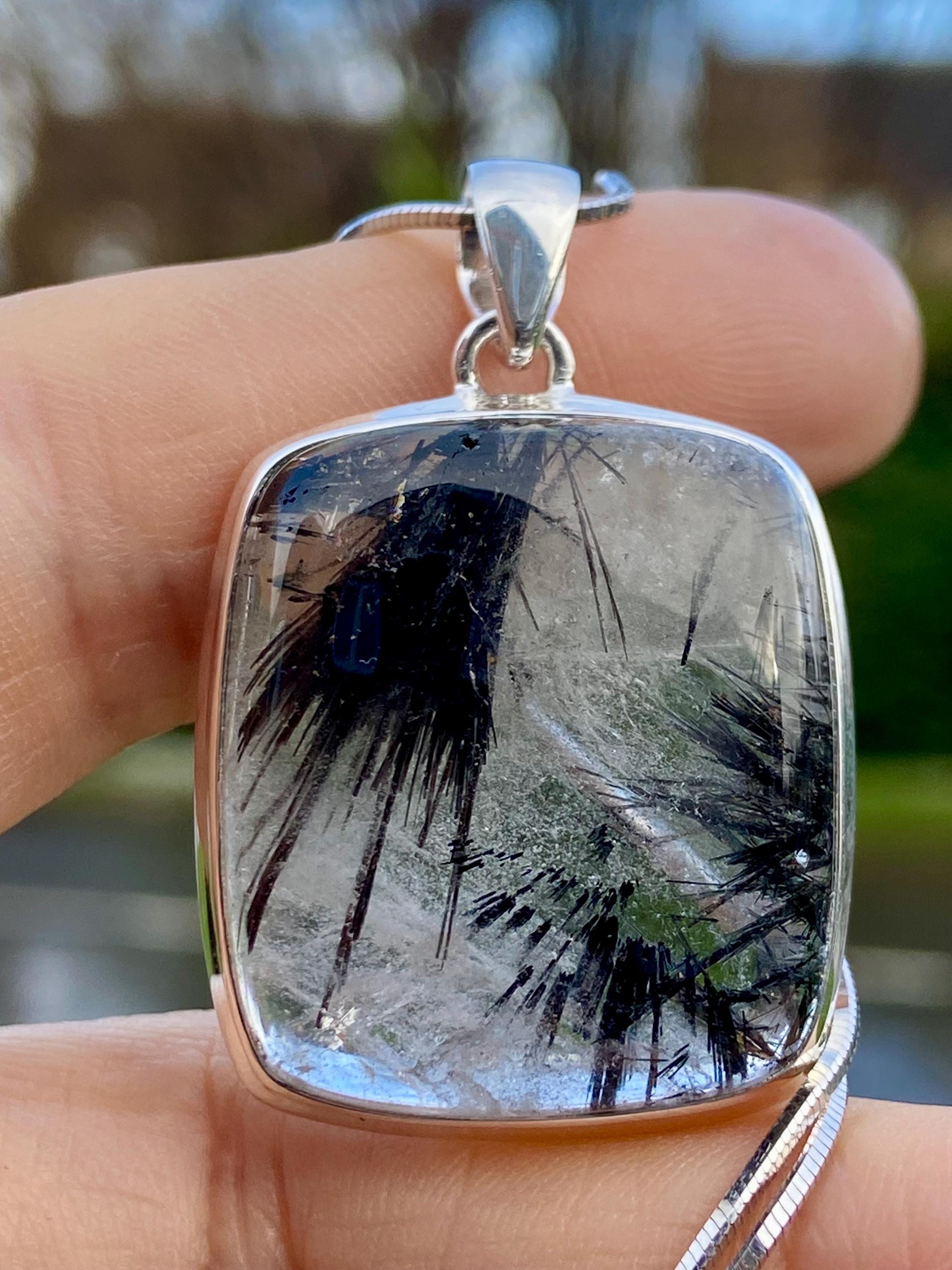 Black Tourmaline Rutilated Quartz and Silver Pendant
