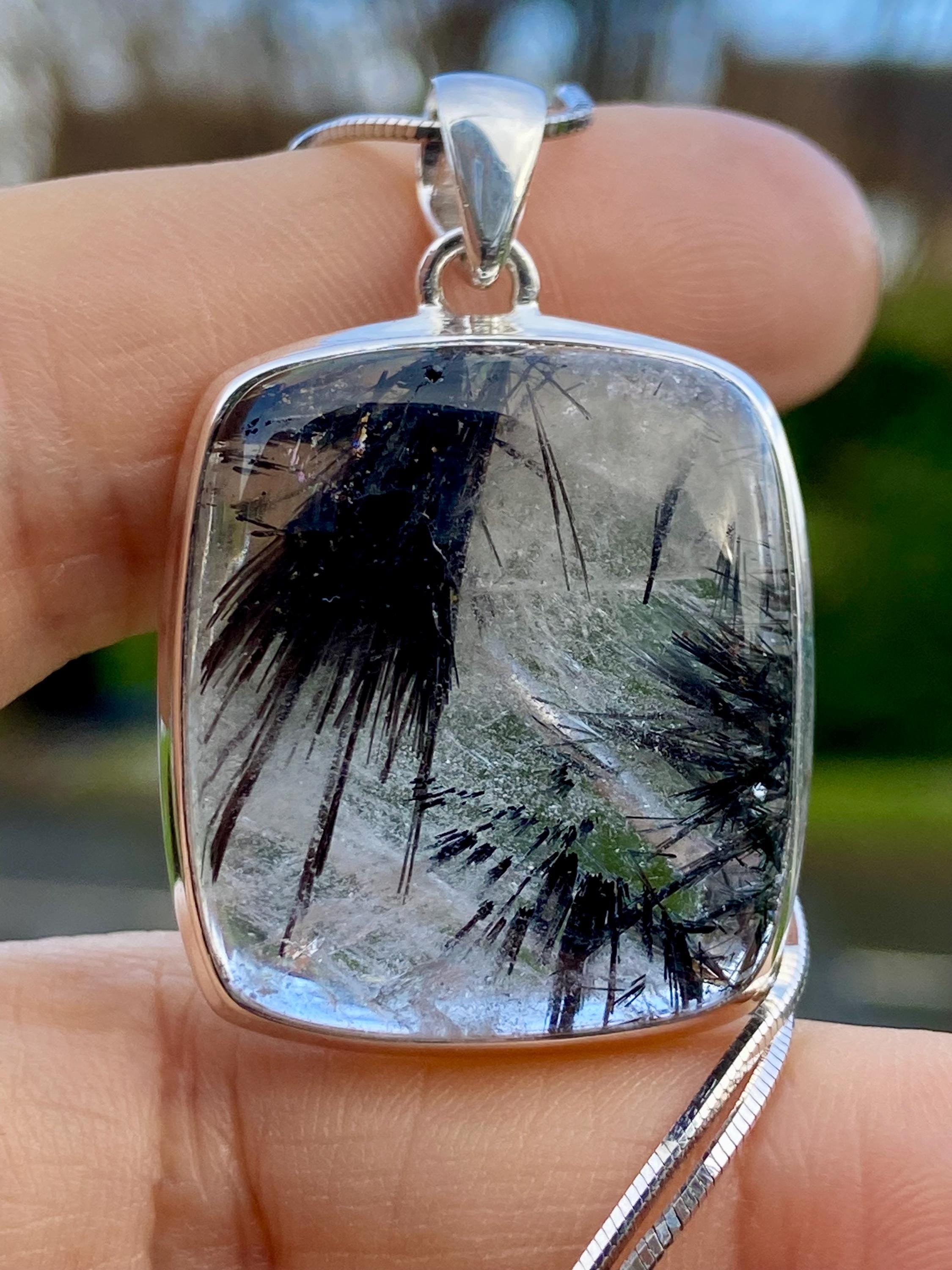 Black Tourmaline Rutilated Quartz and Silver Pendant