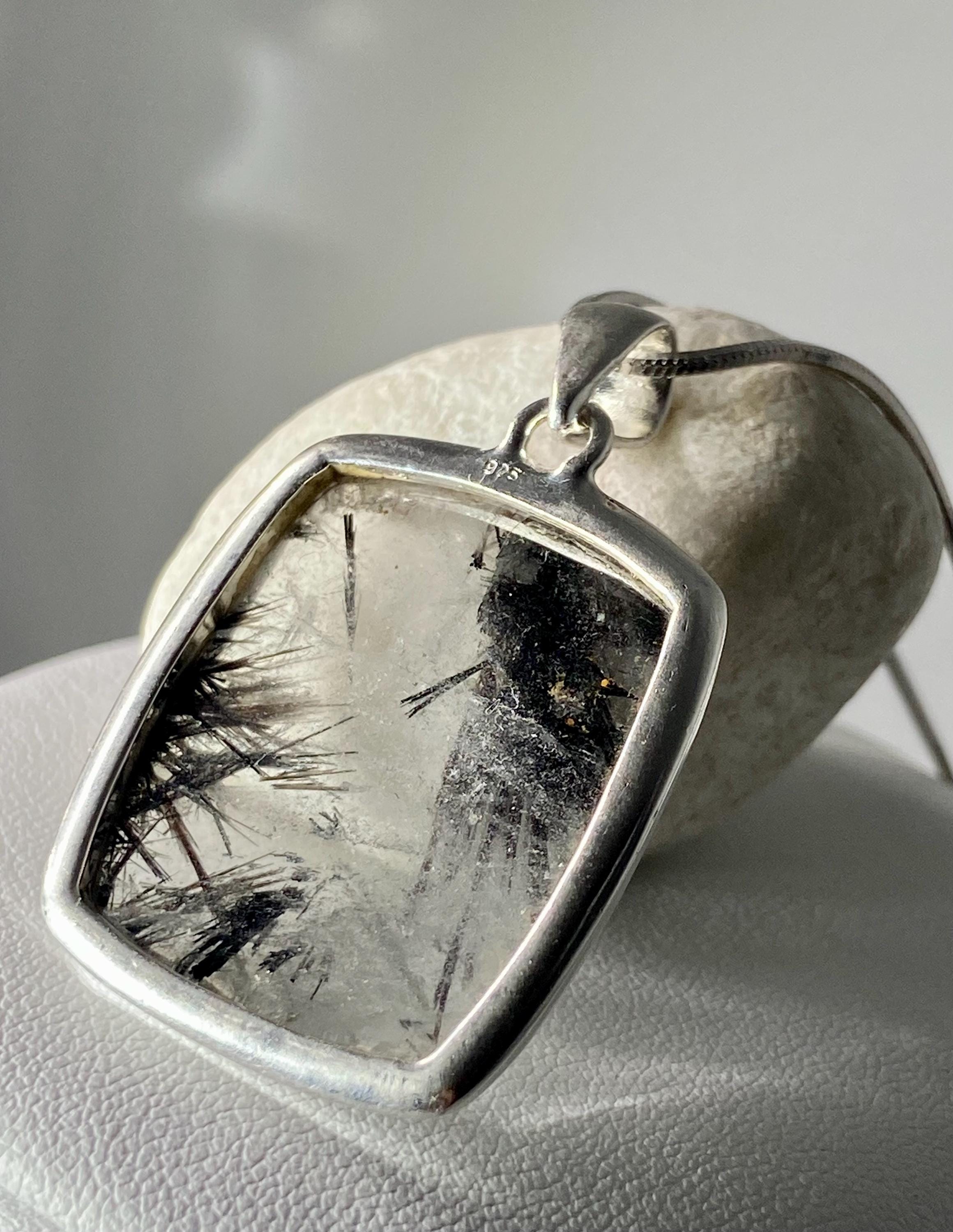Black Tourmaline Rutilated Quartz and Silver Pendant
