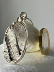 Oval Black Tourmaline Rutilated Quartz Sterling Silver Pendant