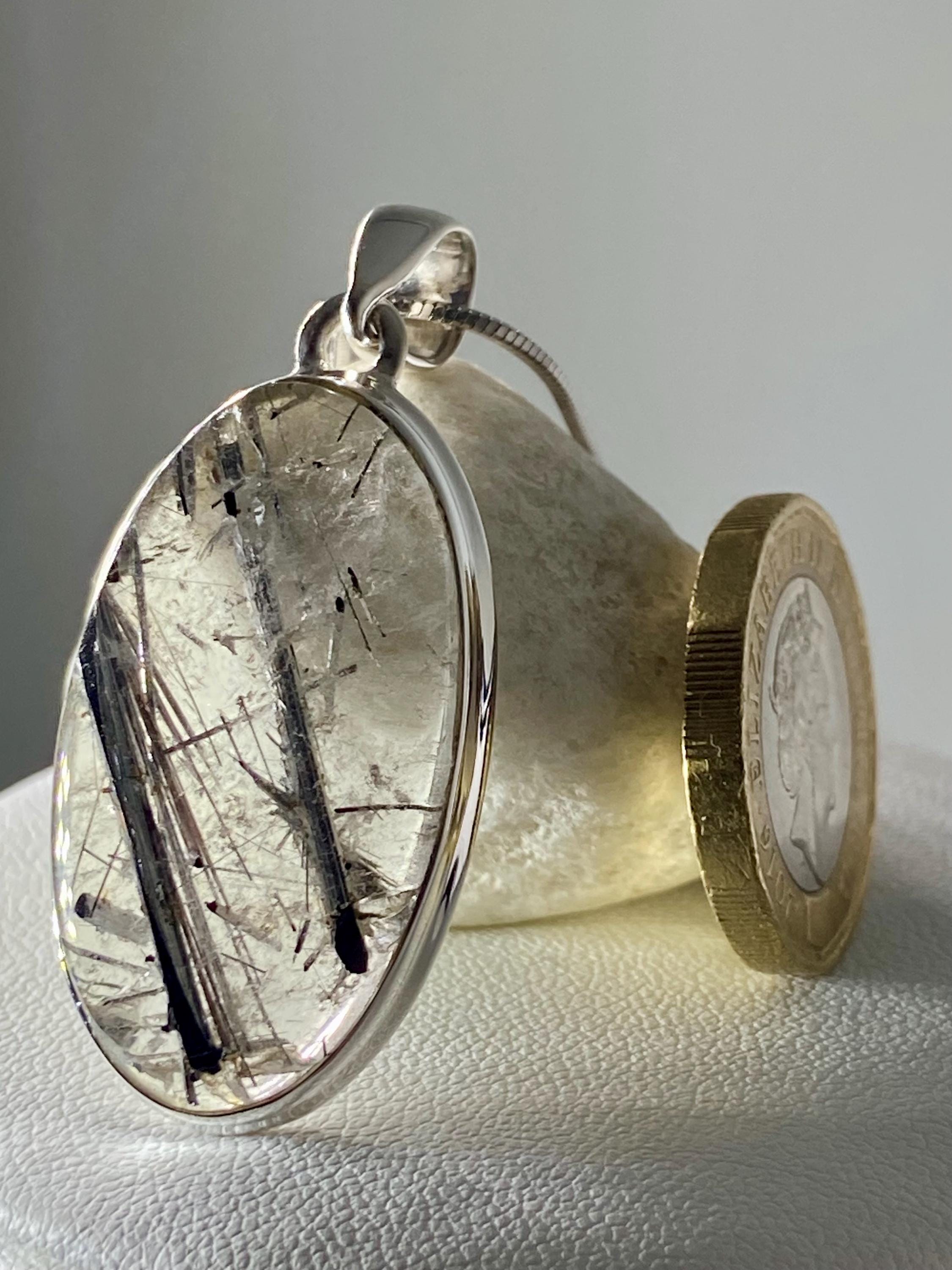 Oval Black Tourmaline Rutilated Quartz Sterling Silver Pendant