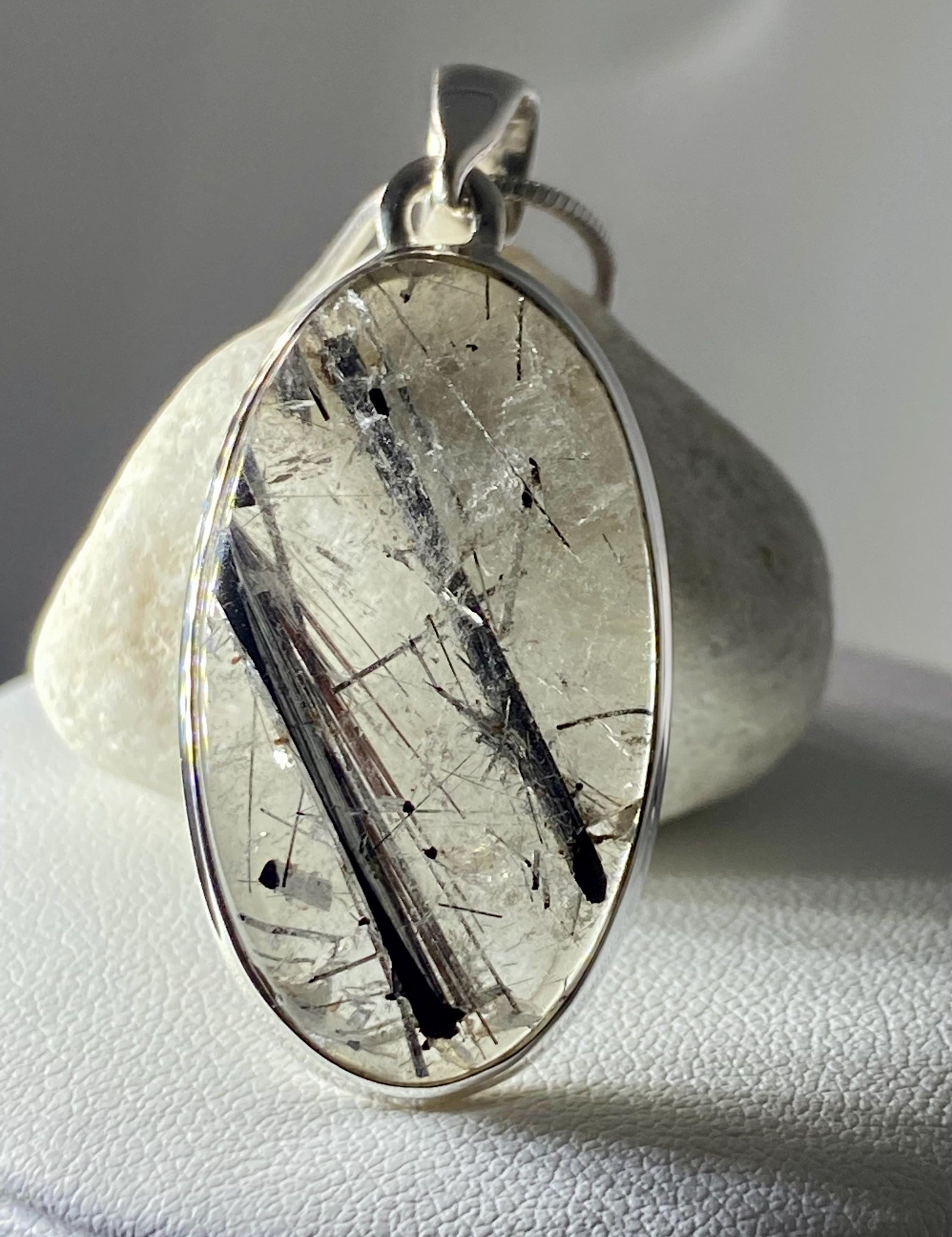 Oval Black Tourmaline Rutilated Quartz Sterling Silver Pendant