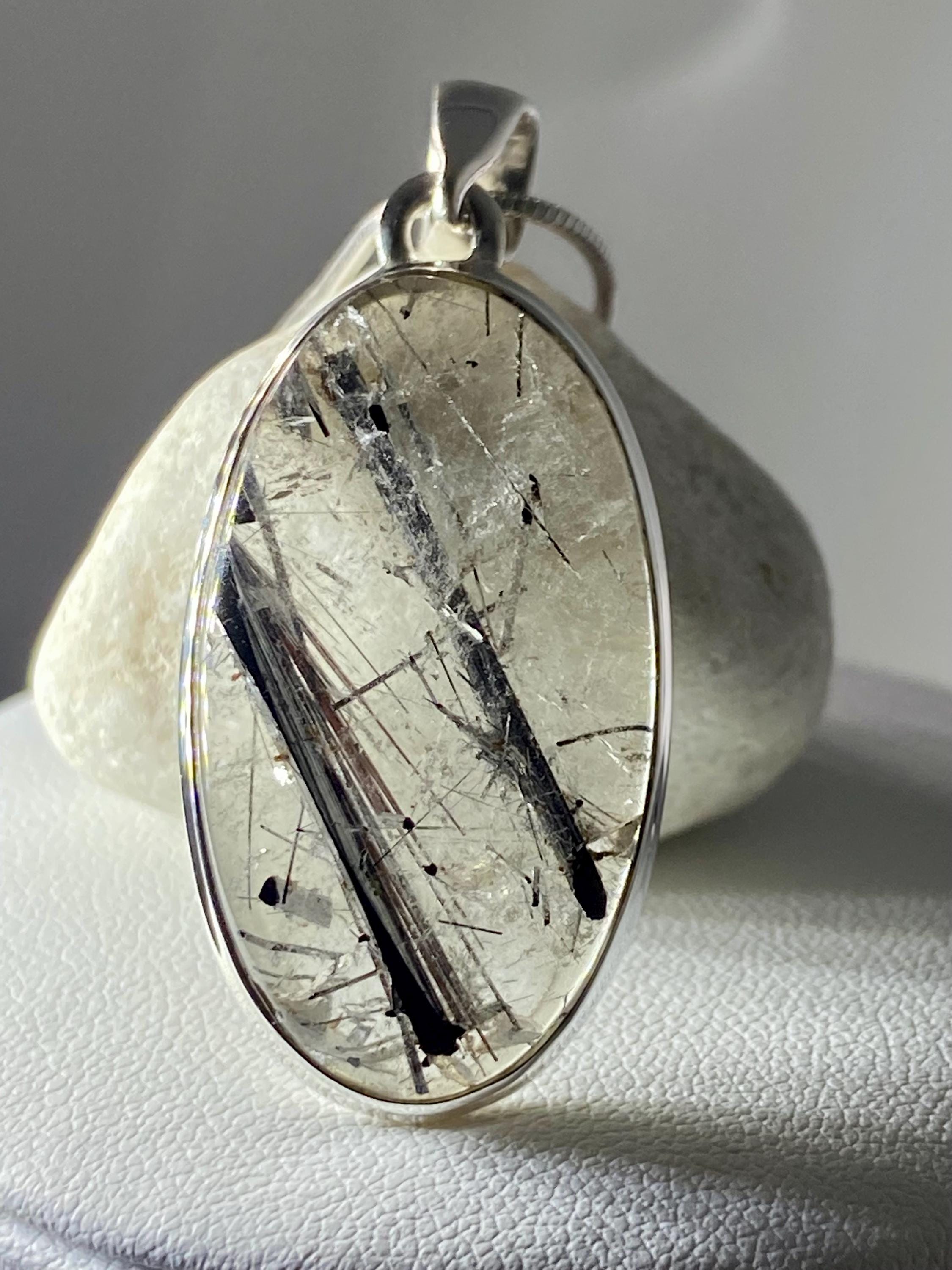 Oval Black Tourmaline Rutilated Quartz Sterling Silver Pendant
