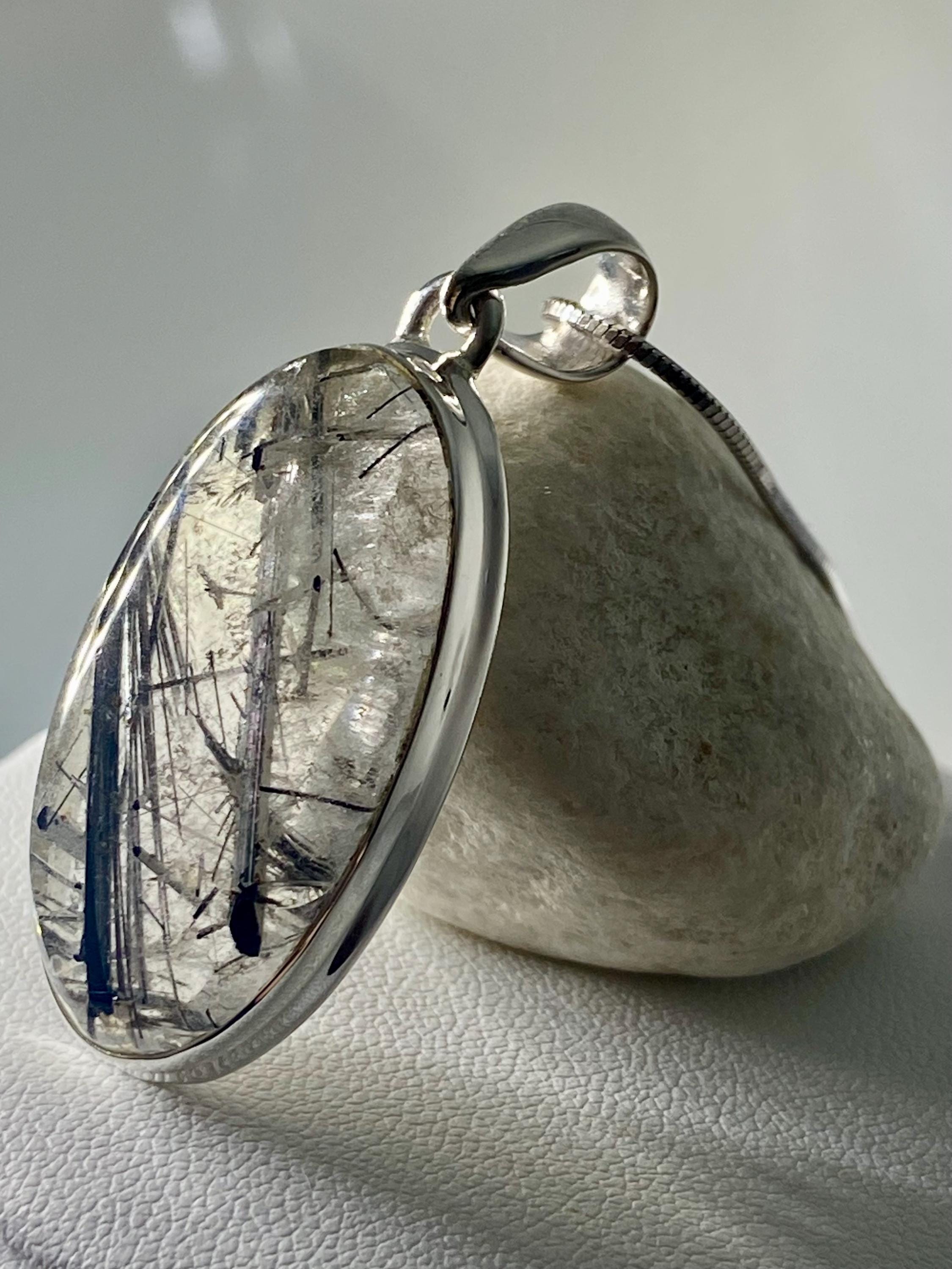 Oval Black Tourmaline Rutilated Quartz Sterling Silver Pendant