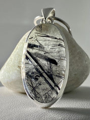 Oval Black Tourmaline Rutilated Quartz Sterling Silver Pendant