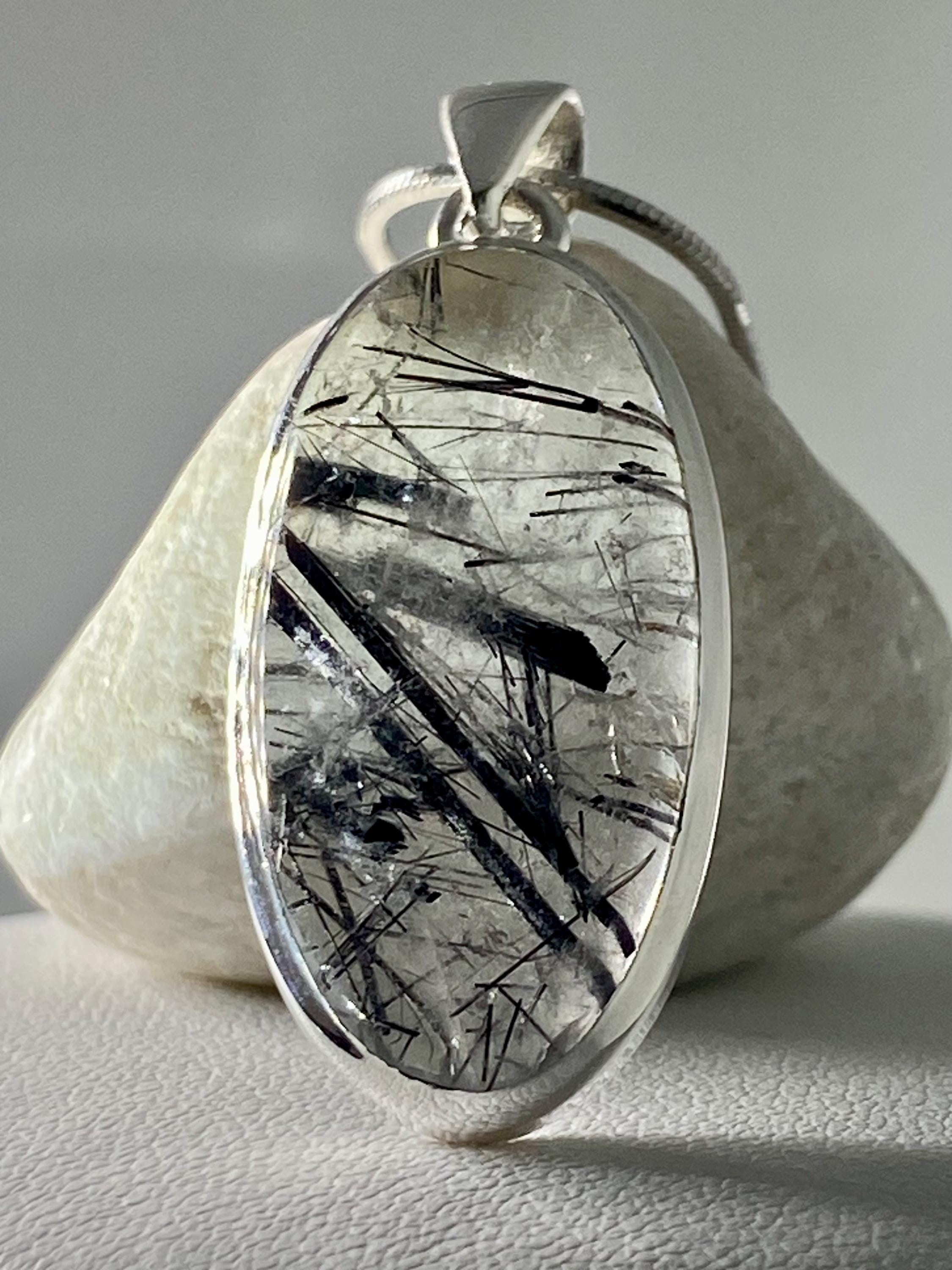 Oval Black Tourmaline Rutilated Quartz Sterling Silver Pendant