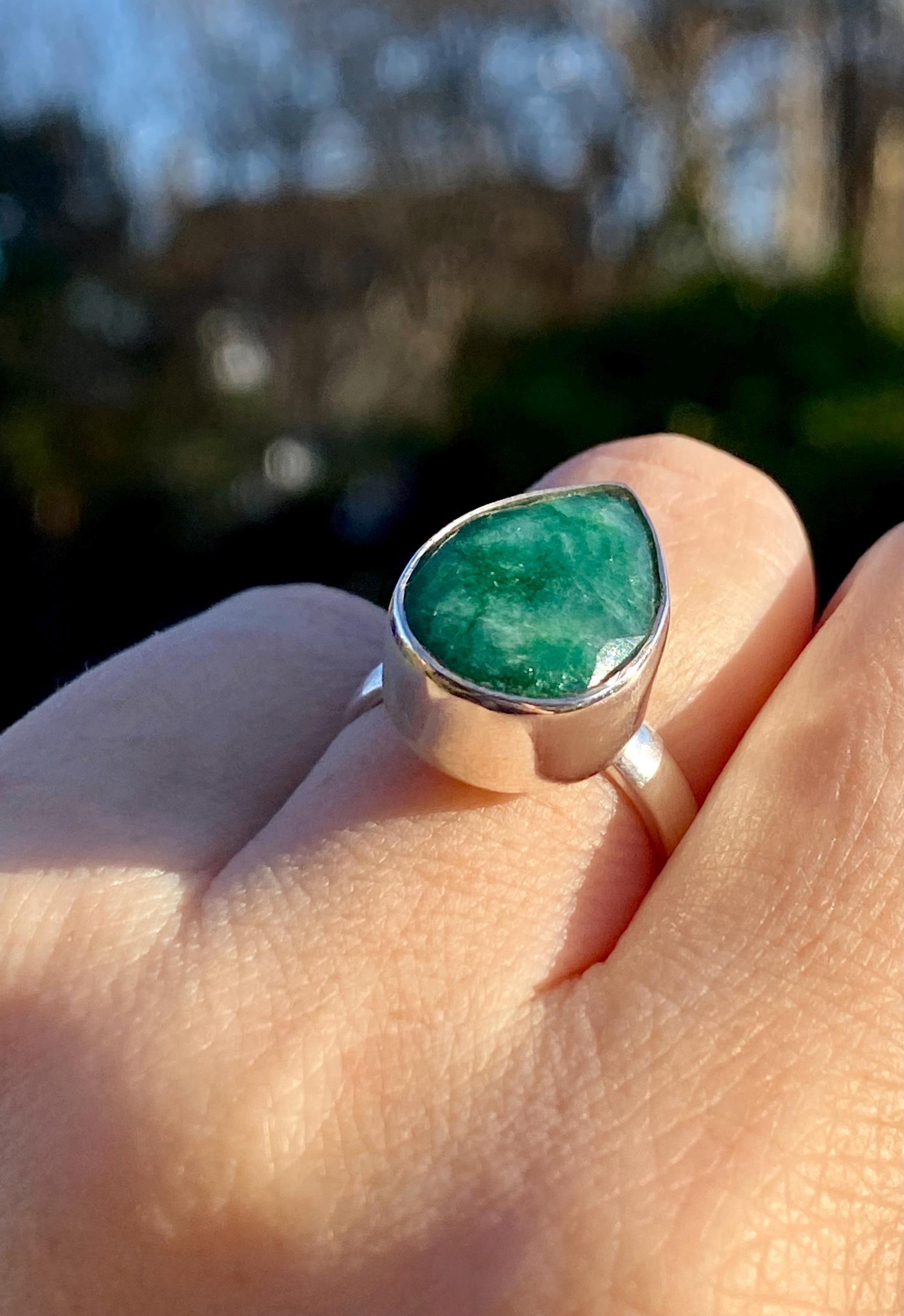 Teardrop Raw Emerald 925 Sterling Silver Ring