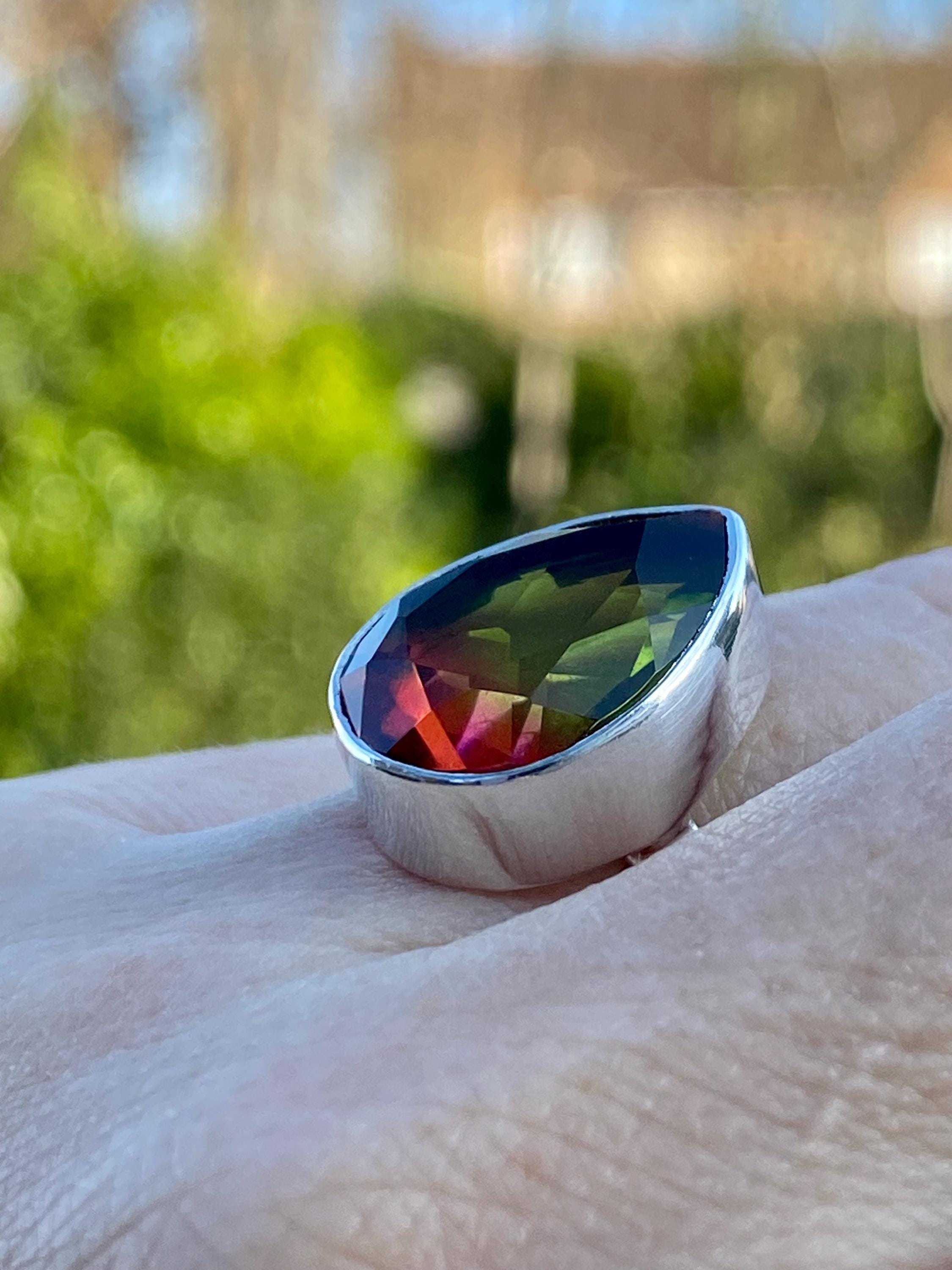 Watermelon Tourmaline Silver Teardrop Ring