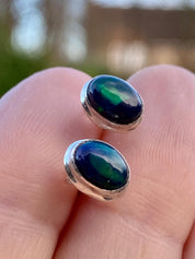 Oval Cut Black Opal Sterling Silver Stud Earrings
