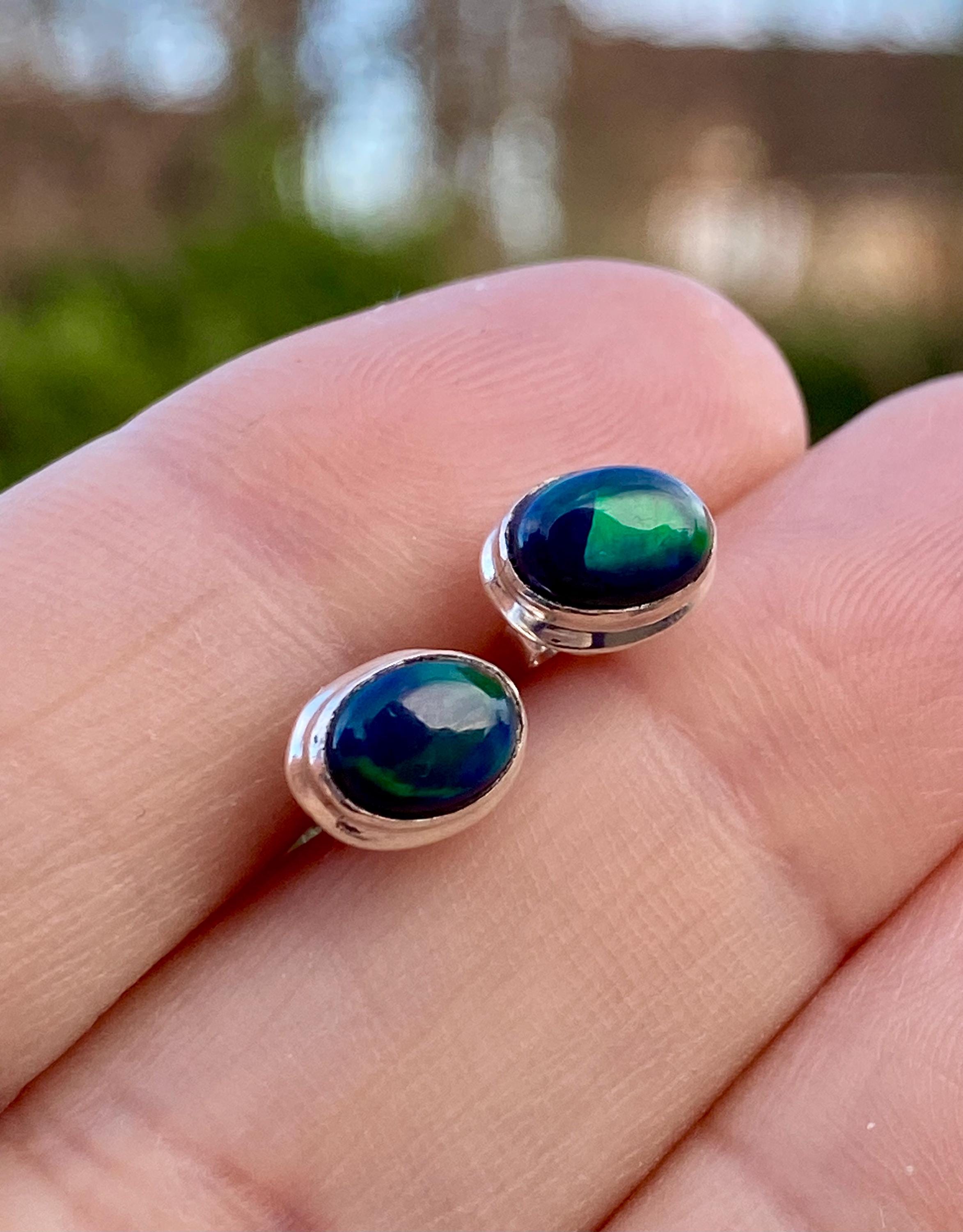 Natural Black Opal and Silver Earrings