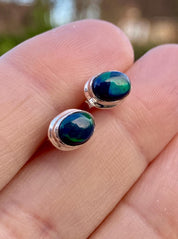 Oval Cut Black Opal Sterling Silver Stud Earrings