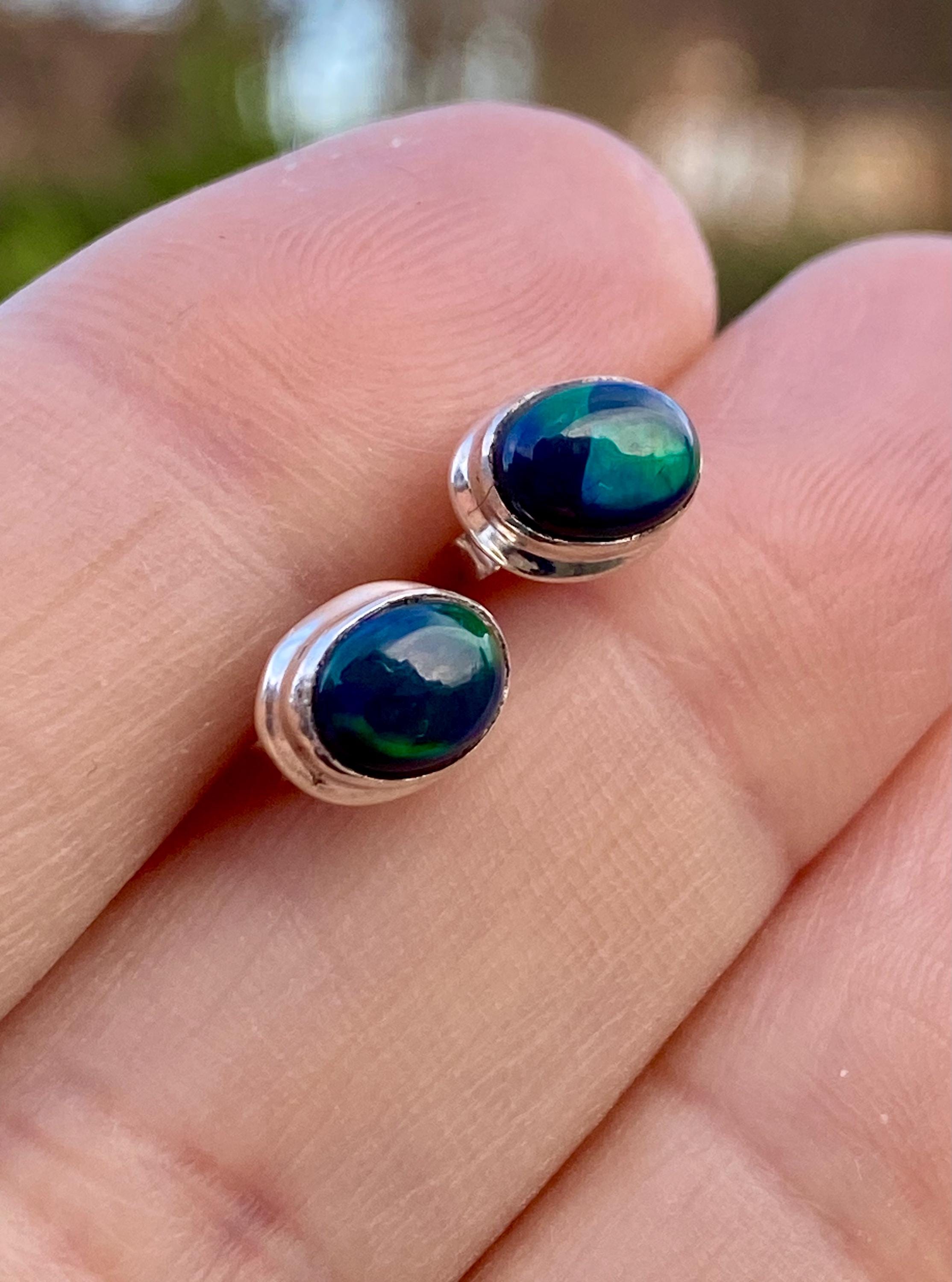 Oval Cut Black Opal Sterling Silver Stud Earrings