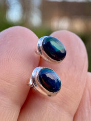 Oval Cut Black Opal Sterling Silver Stud Earrings