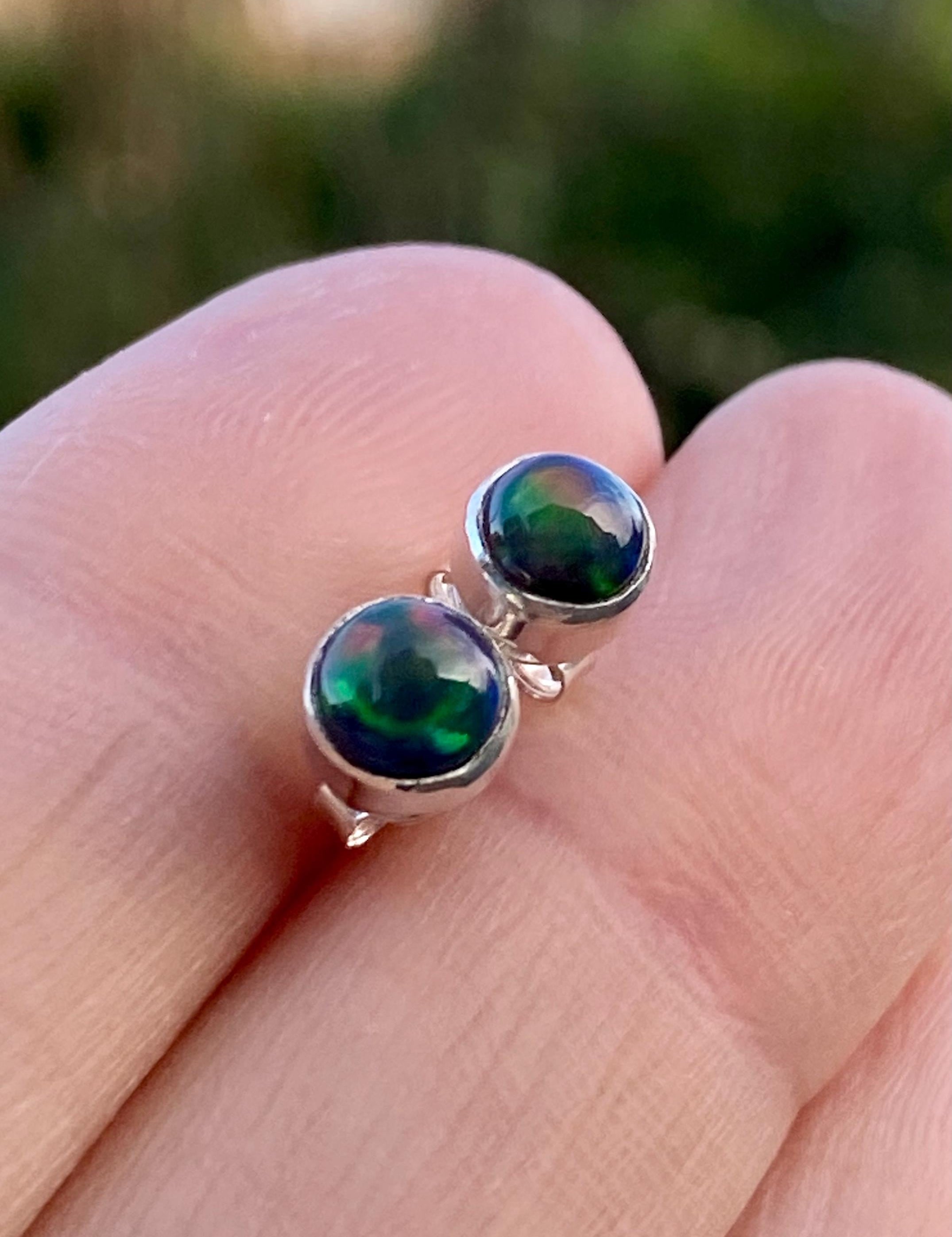 Natural Black Opal and Silver Earrings