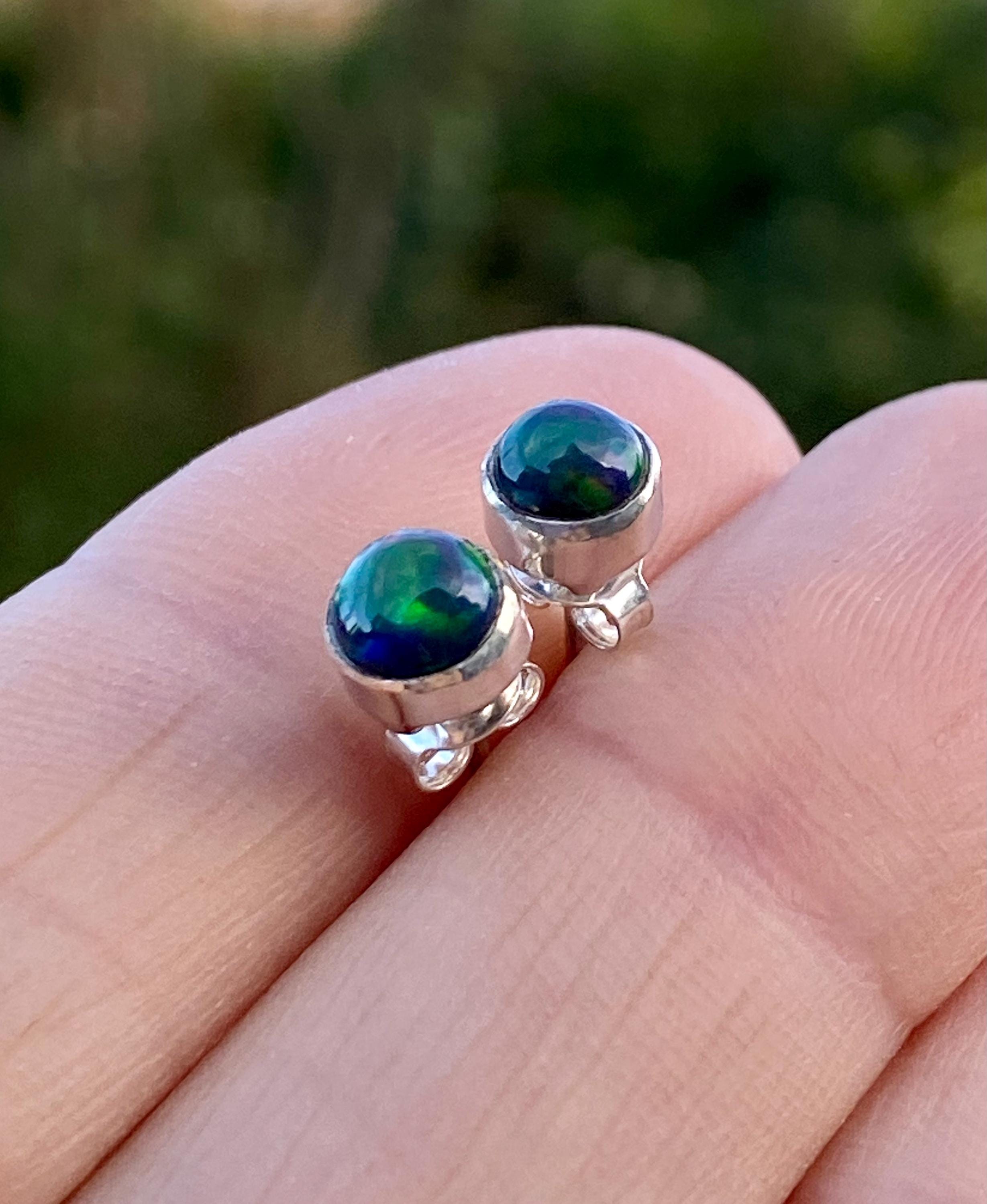 Natural Black Opal and Silver Earrings