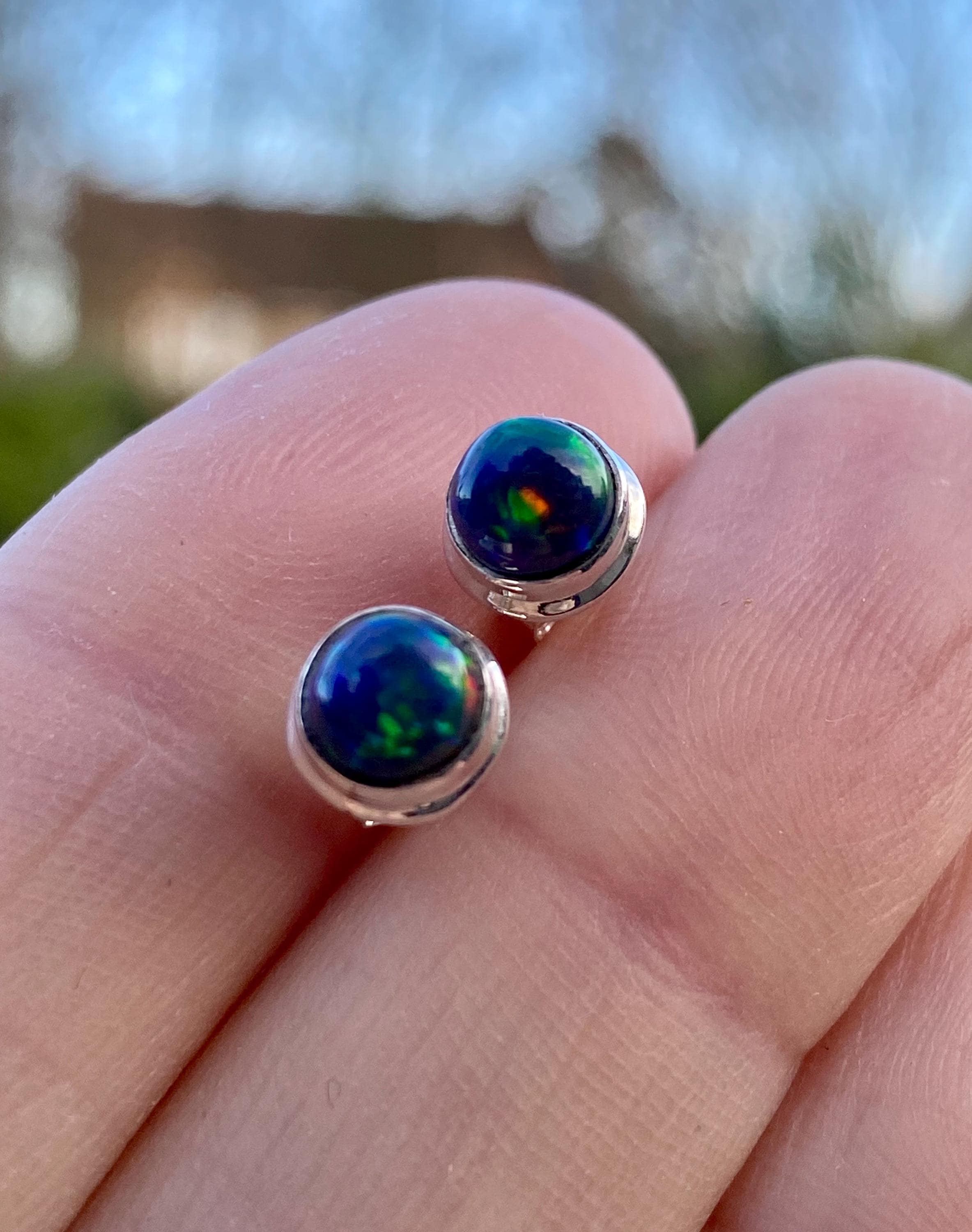 Round Cut Black Opal Sterling Silver Stud Earrings