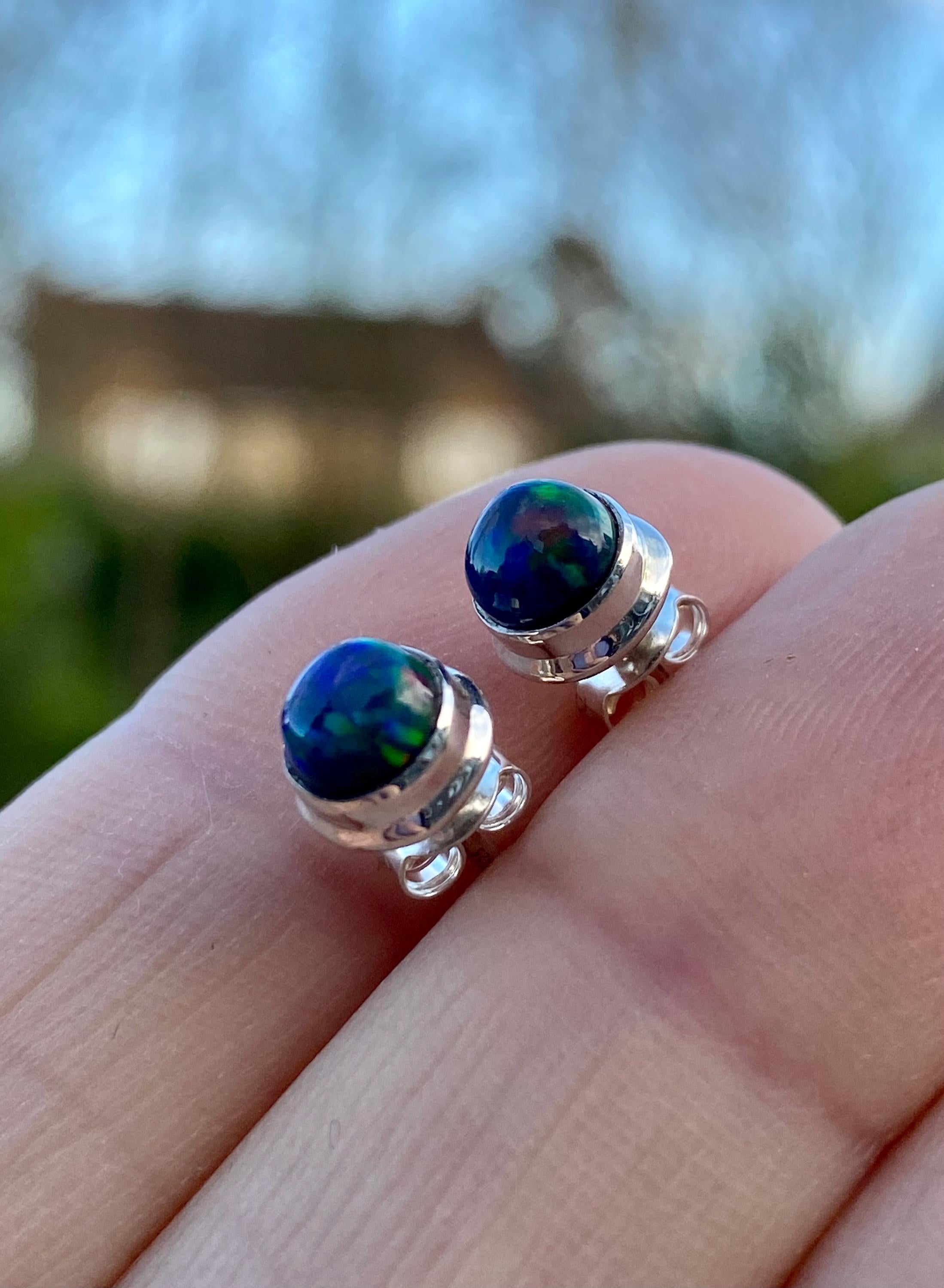 Round Cut Black Opal Sterling Silver Stud Earrings