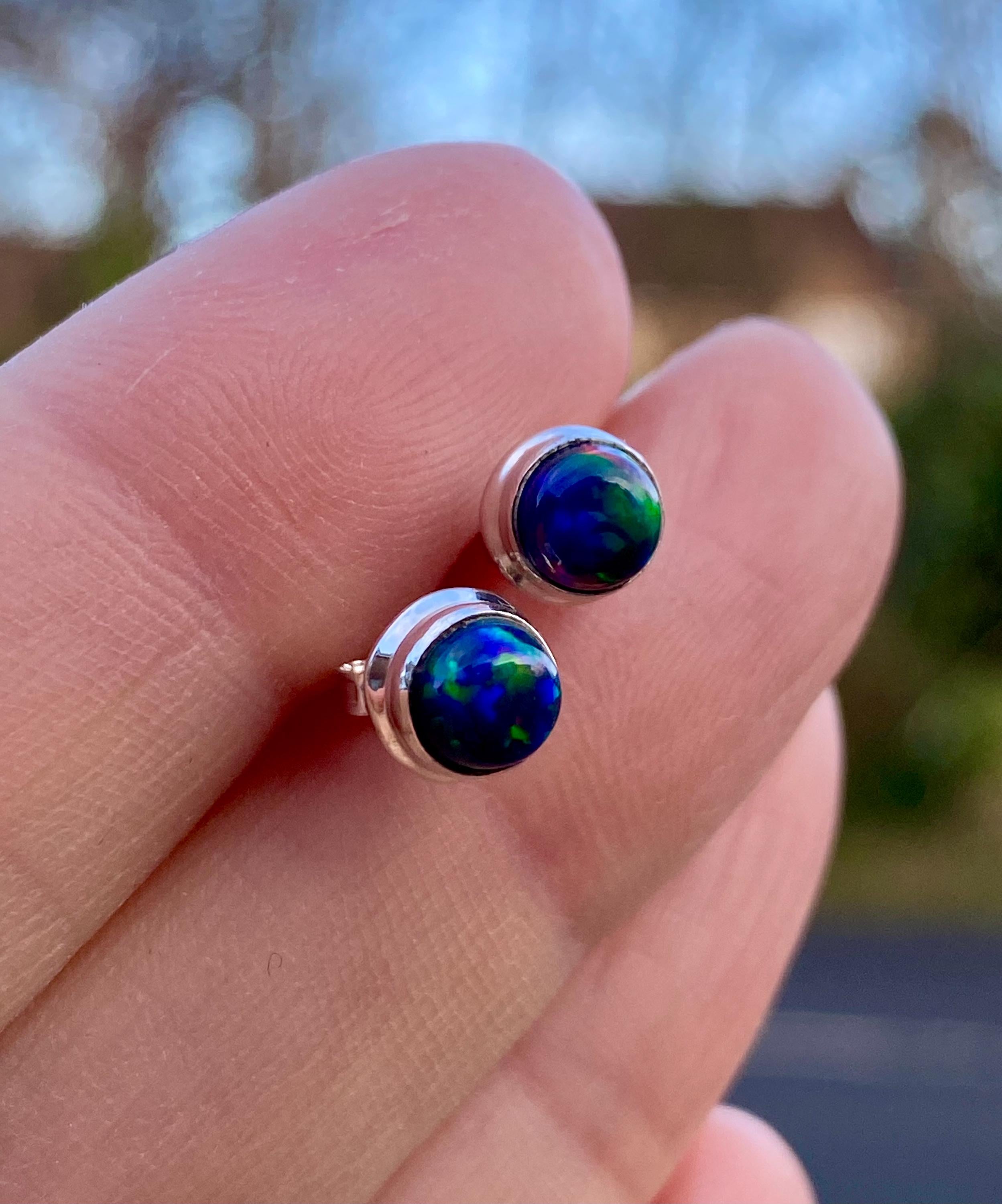 Round Cut Black Opal Sterling Silver Stud Earrings