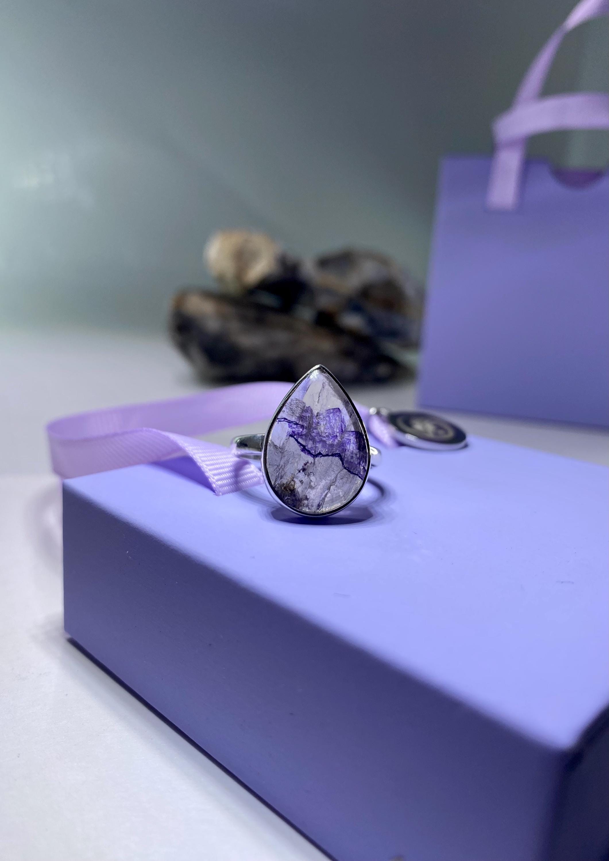 Blue John Silver Teardrop Ring - Extremely Rare