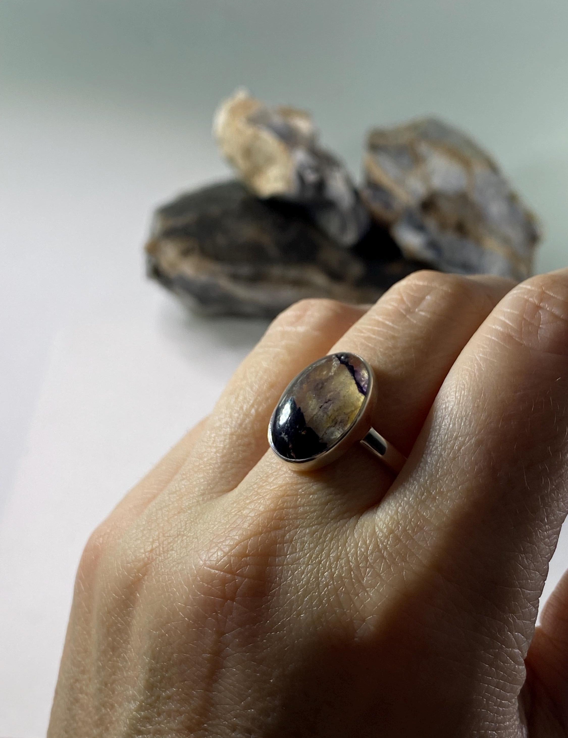 Blue John Silver Oval Ring - Extremely Rare