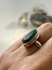 Raw Faceted Emerald Ring, Oval Sterling Silver 17mm x 8mm, Handmade UK