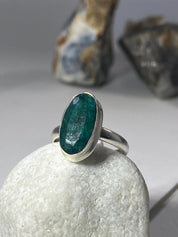 Raw Faceted Emerald Ring, Oval Sterling Silver 17mm x 8mm, Handmade UK