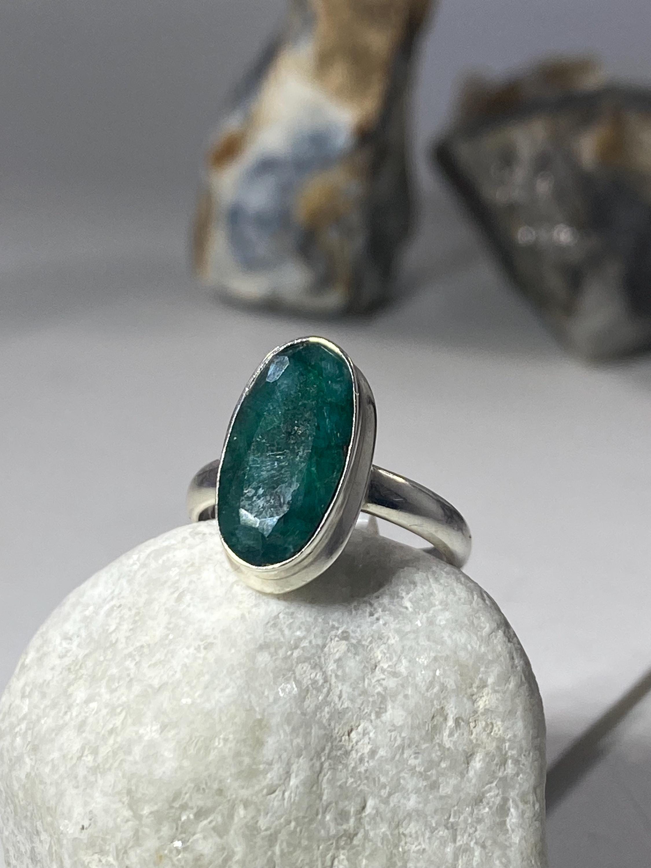 Raw Faceted Emerald Ring, Oval Sterling Silver 17mm x 8mm, Handmade UK