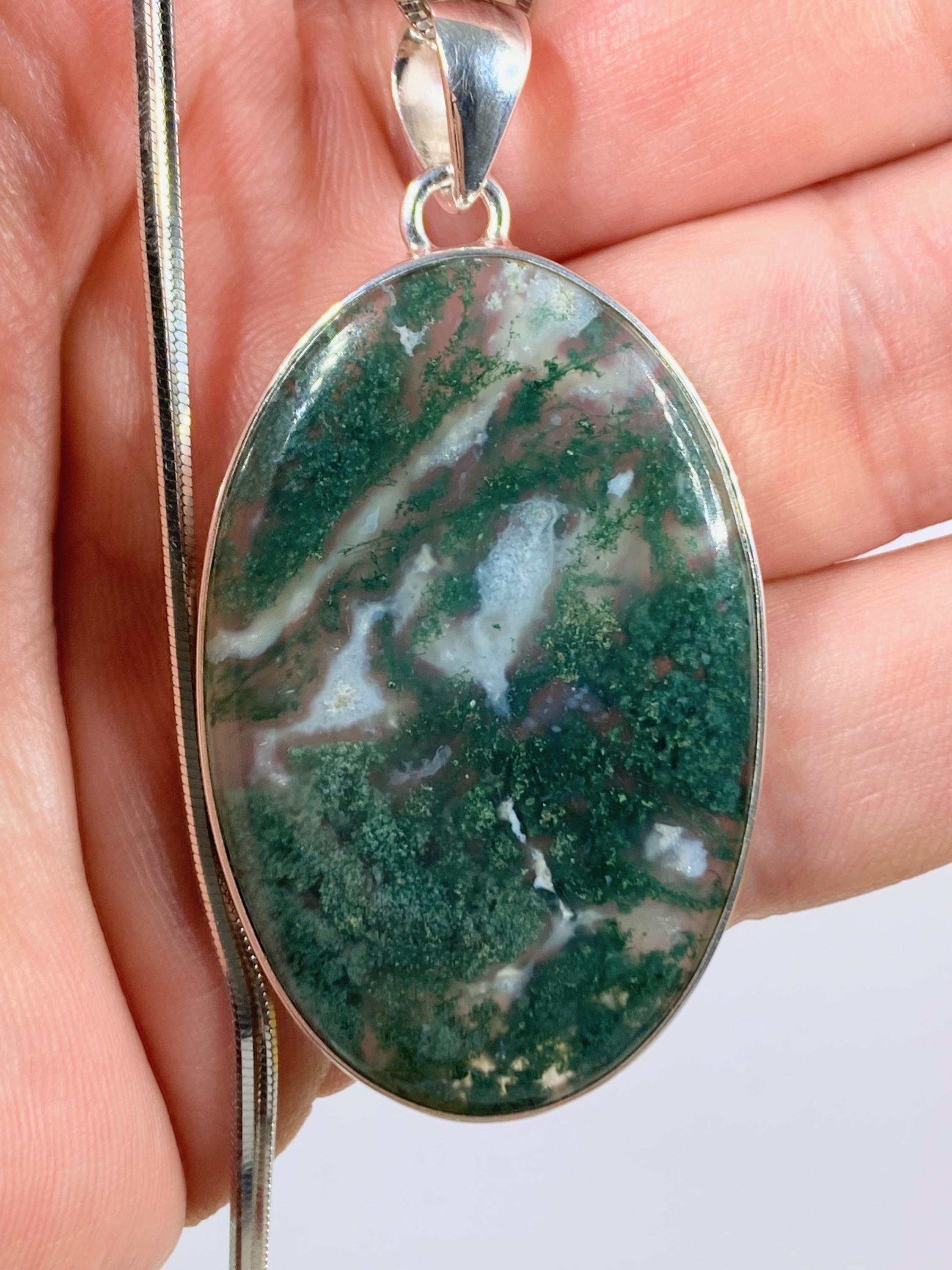Moss Agate Silver Oval Pendant