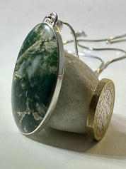 Moss Agate Silver Oval Pendant