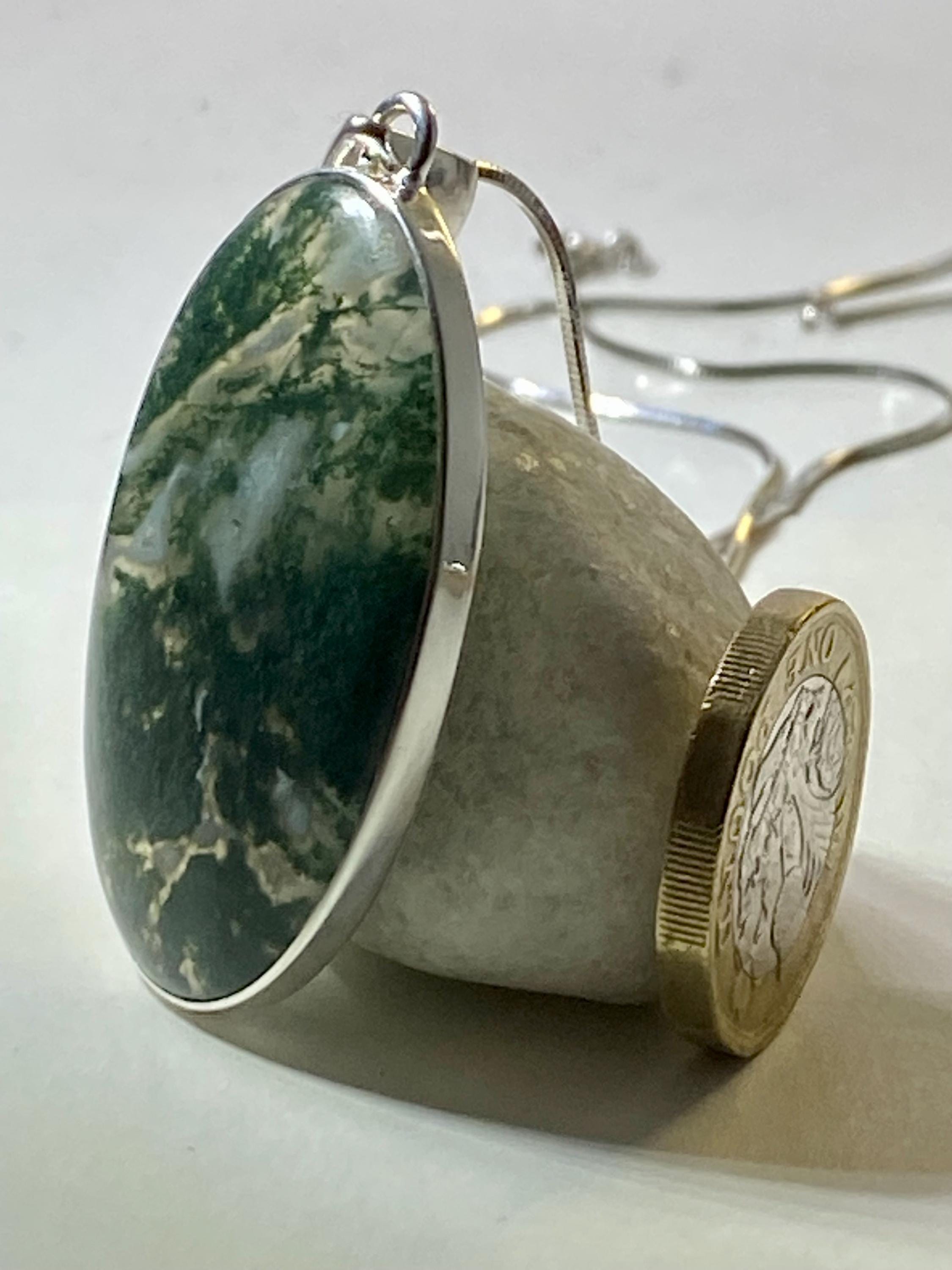 Moss Agate Silver Oval Pendant