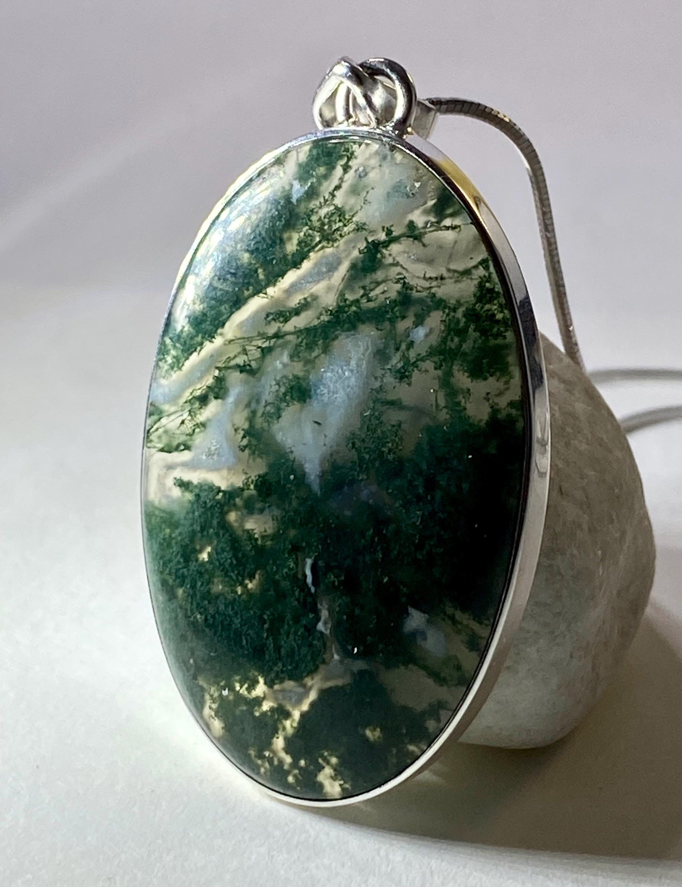 Moss Agate Silver Oval Pendant