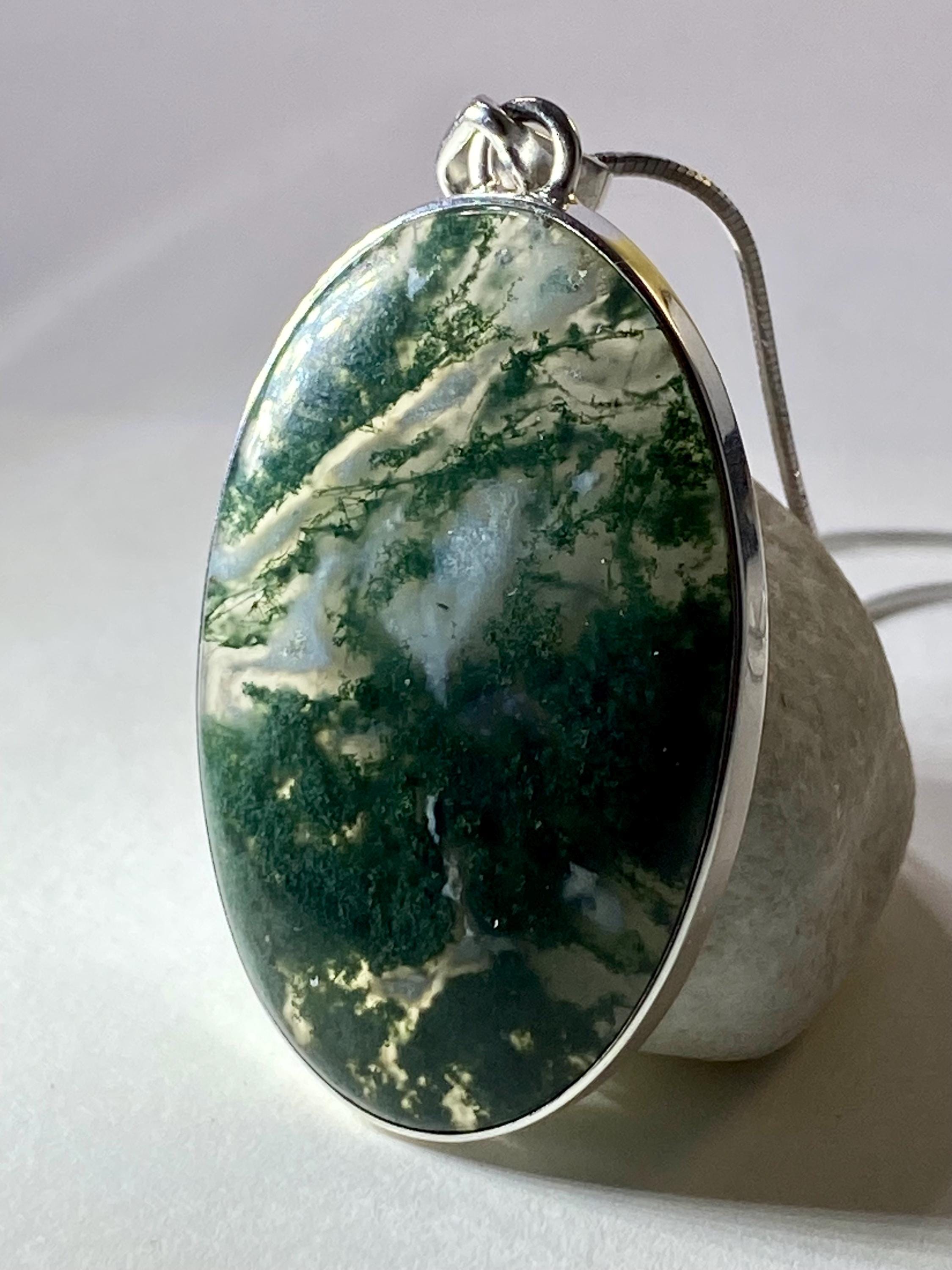Moss Agate Silver Oval Pendant