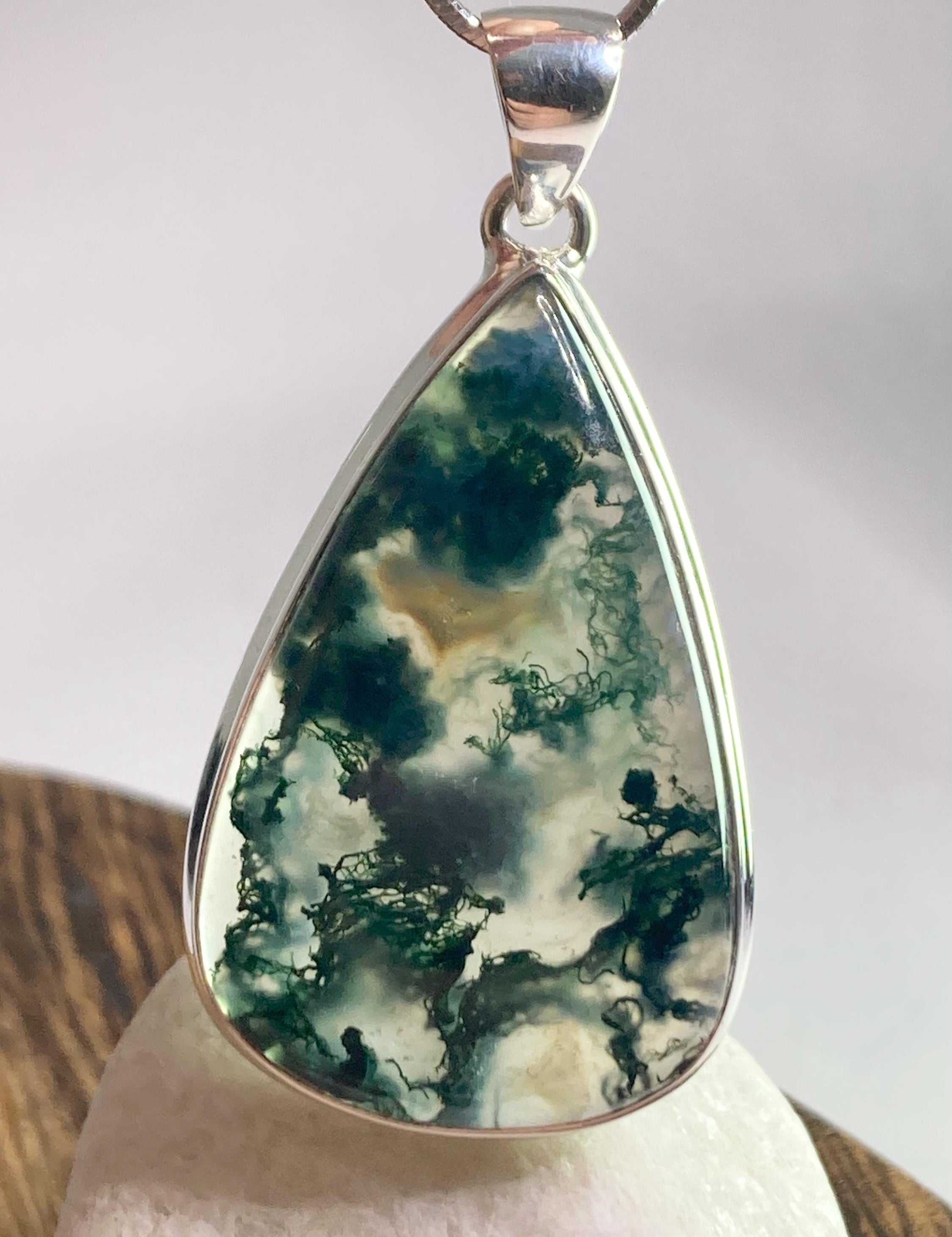 Moss Agate Silver Teardrop Pendant