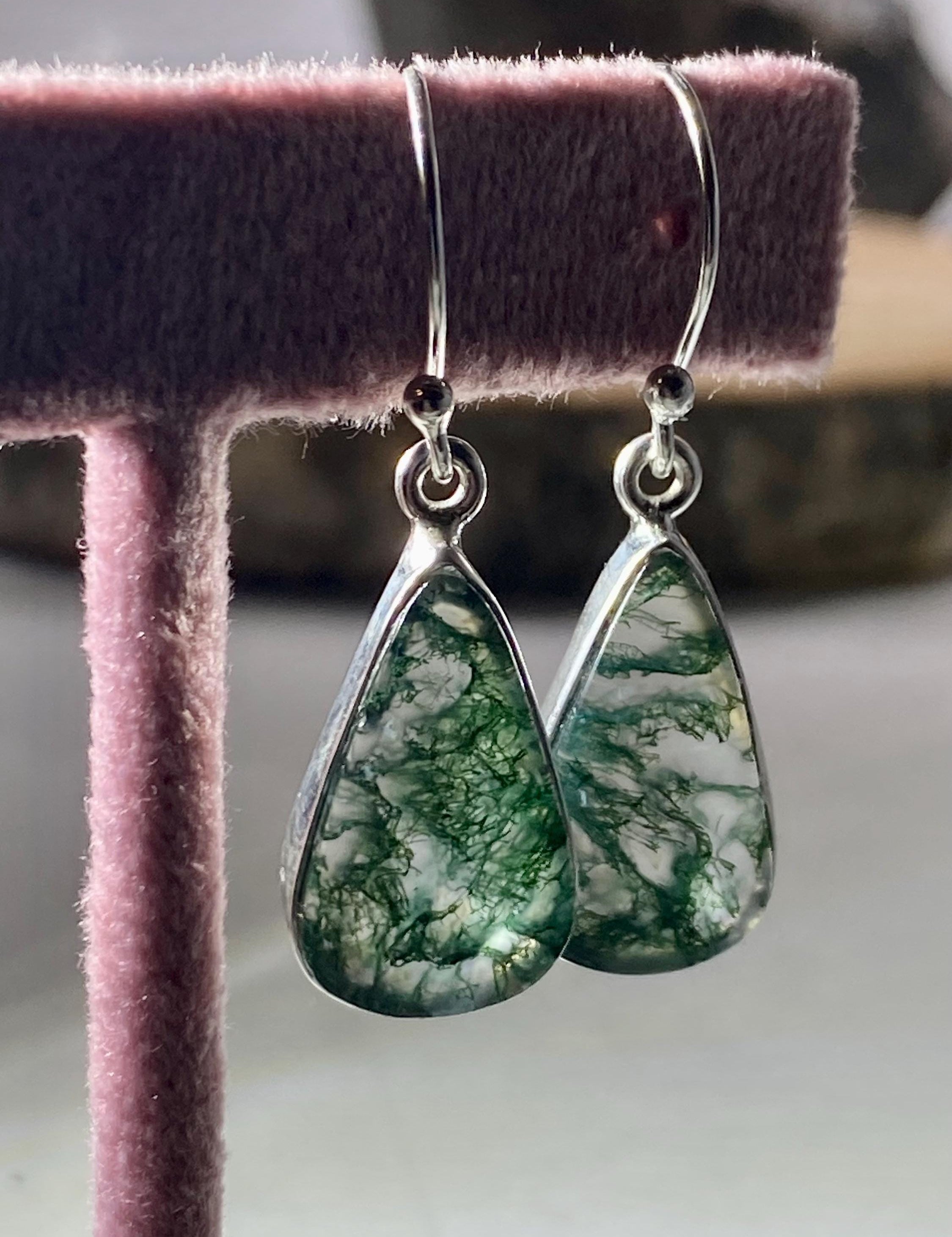 Moss Agate Silver Teardrop Earrings