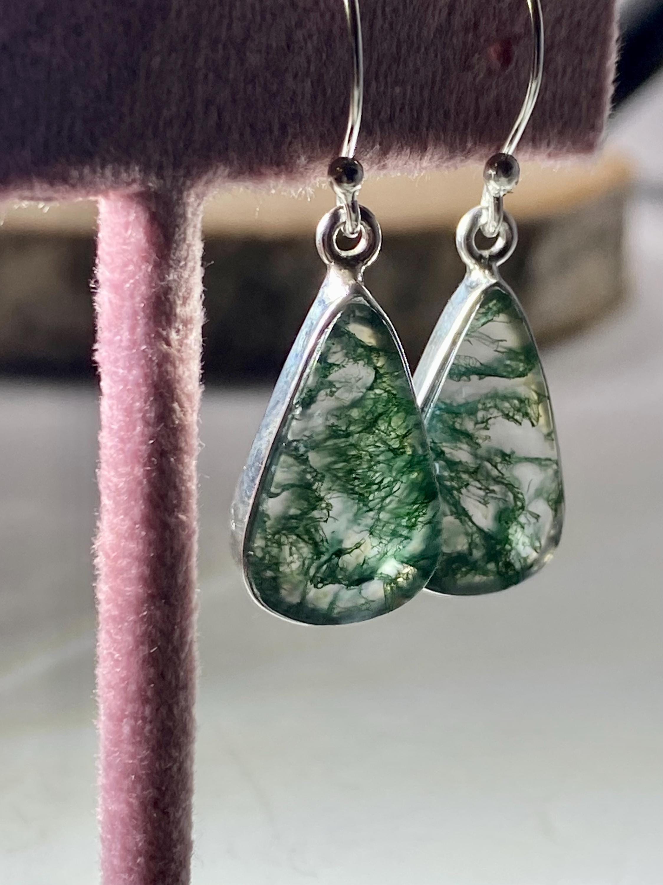 Moss Agate Silver Teardrop Earrings