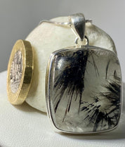 Black Tourmaline Rutilated Quartz and Silver Pendant